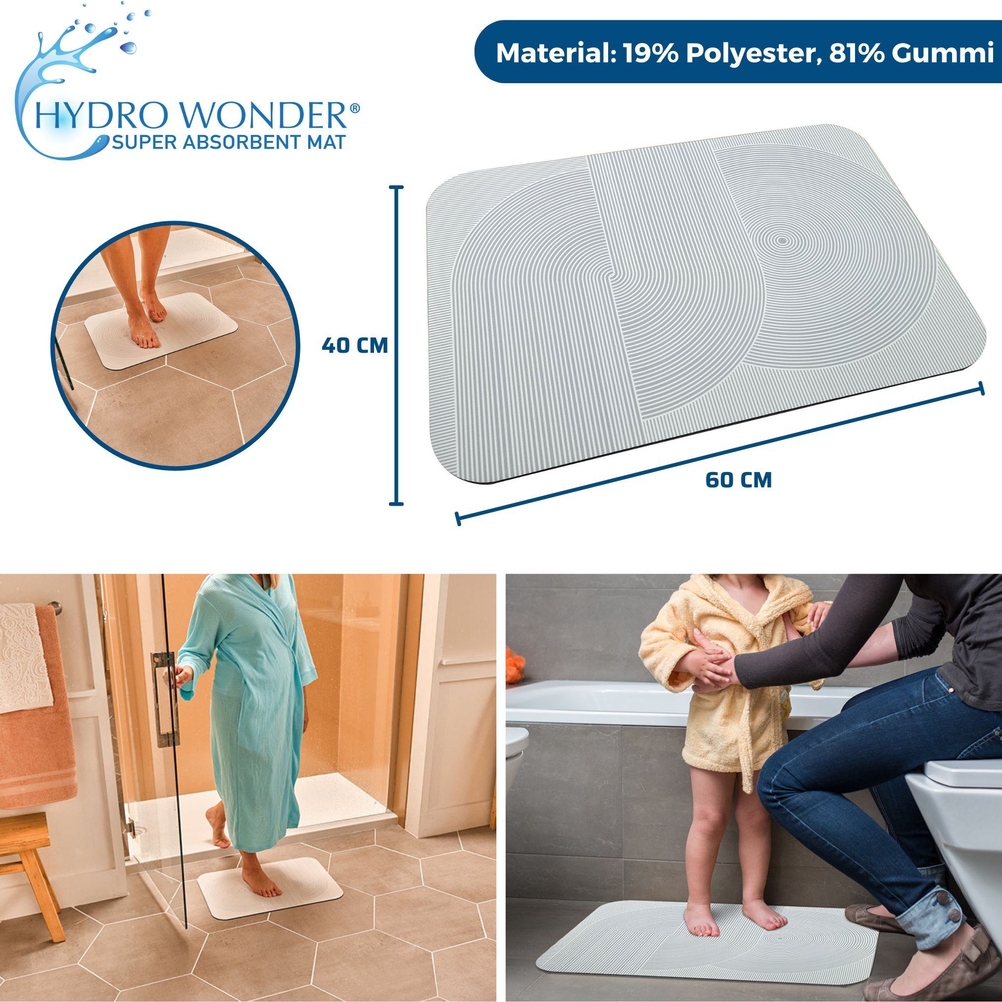 Badematte Hydrowonder Super Absorbent Mat Best Direct®, Höhe 5 mm, rutschhemmend, schnell trocknend, strapazierfähig, fußbodenheizungsgeeignet, rutschfest, saugfähig, Polyester, Gummi, rechteckig, Duschmatte & Badematte, super saugfähig, Rutschfest,