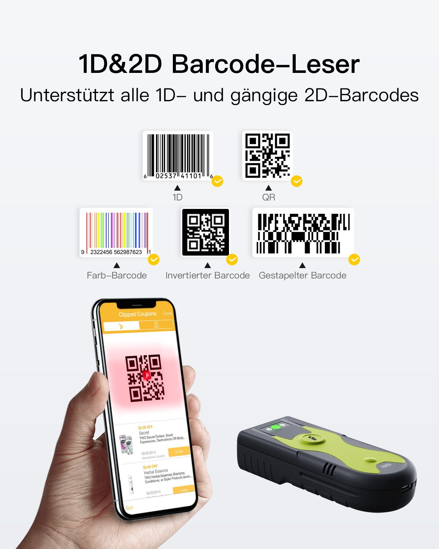 Inateck 1D/2D Bluetooth Scanner mit 2,4Ghz USB Adapter, BCST-42 Handscanner