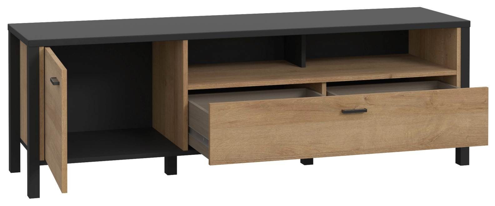 Forte Möbel Wohnwand Wohnwand HIGH ROCK 4-tlg. mit Beleuchtung Riviera Eiche Optik Schwarz, (Komplett-Set, 4-St., Highboard, Lowboard, Wandboard, Vitrine)