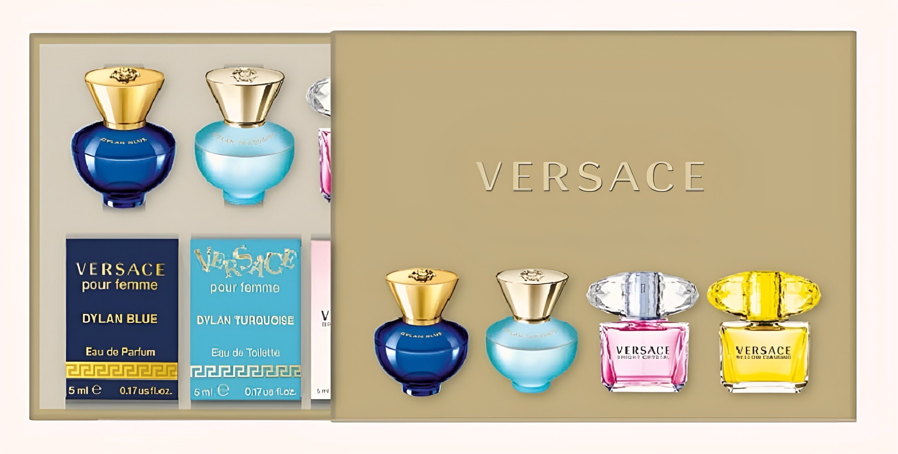 Versace Eau de Parfum Geschenke, Sets, Bright Crystal Miniaturen Woman Mini-Set 4 x 5 ml, 4-tlg., Luxusdüfte, Damenparfum, Duftset, Miniaturen, Dylan Blue