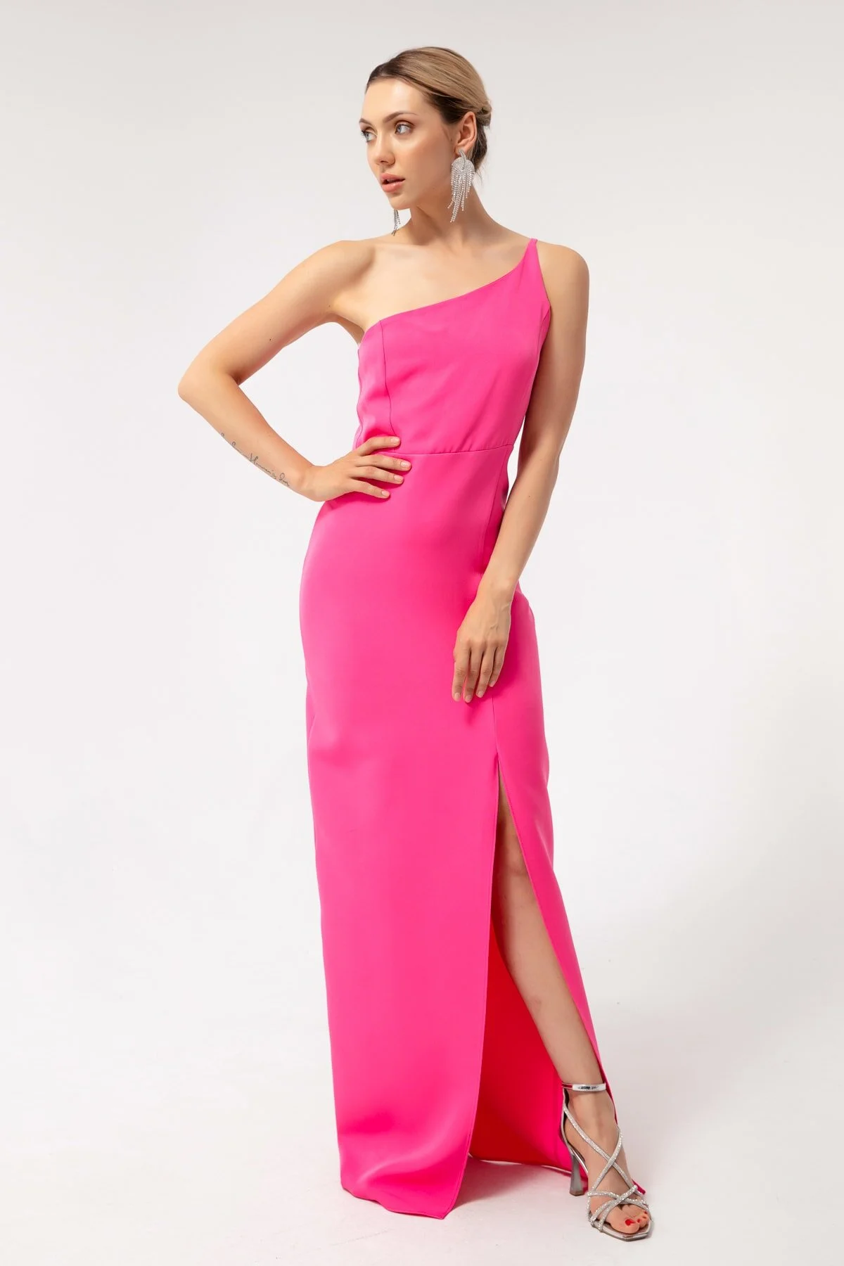 Lafaba  Fuchsiafarbenes One-Shoulder-Midikleid mit Schlitz für Damen