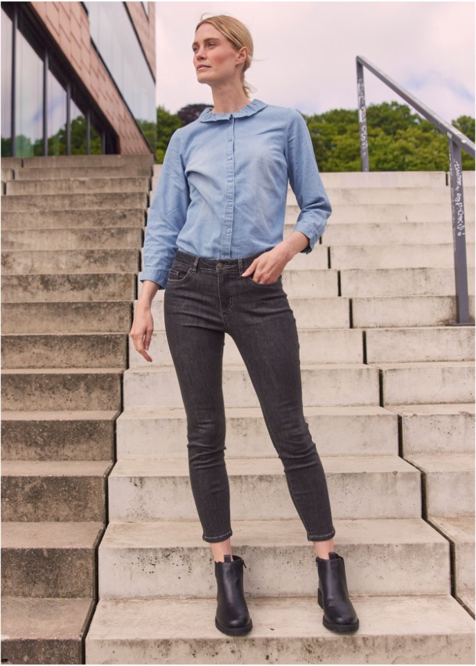 Lockere Jeansbluse mit Kragen, 7/8-Arm