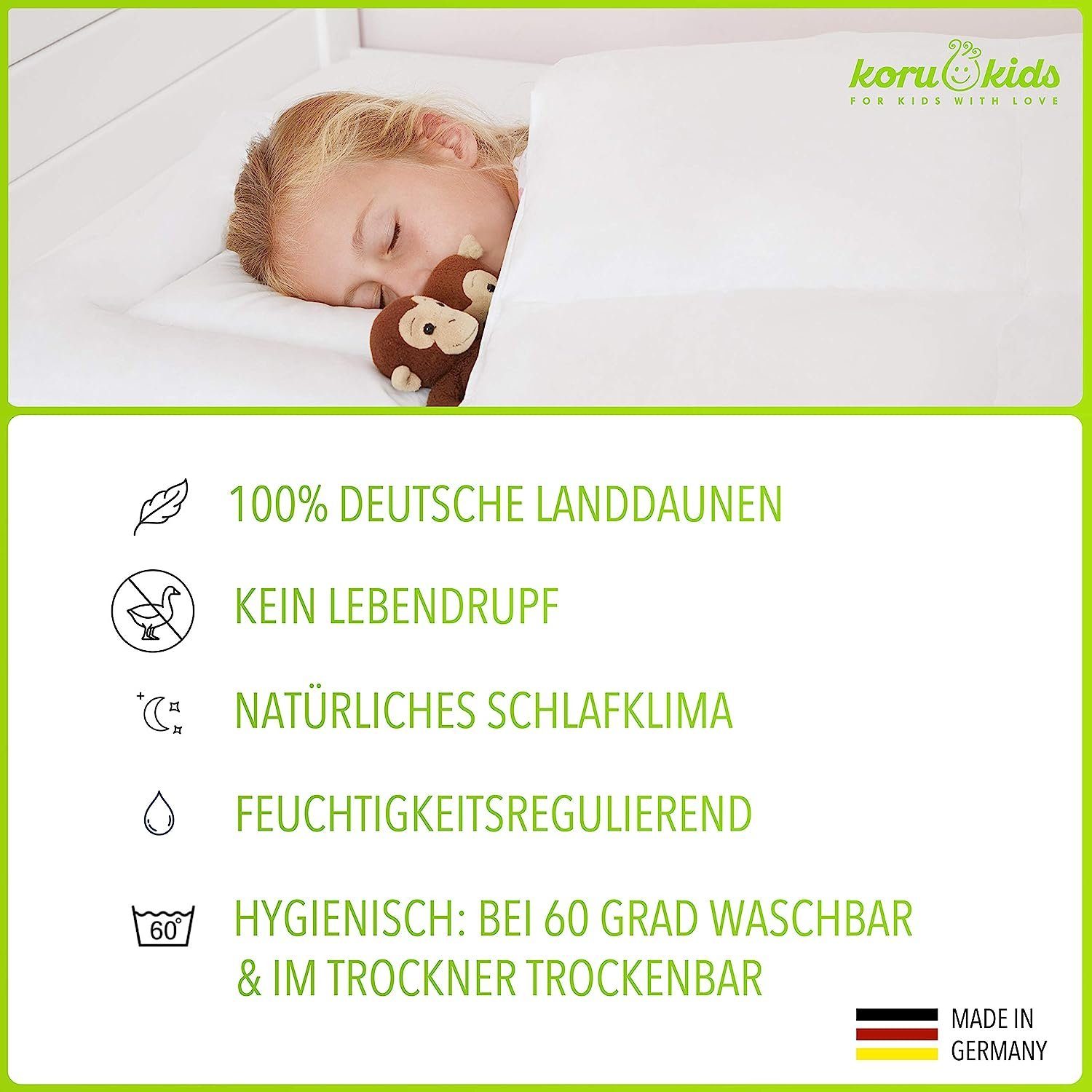 Kinderbettdecke + Kopfkissen, Daunen Kinderbettdecke 100x135 Set mit Kissen, Koru Kids, Füllung: 100% neue deutsche Entendaunen, made in Germany, waschbar bis 60°, natürliches Schlafen für Ihr Kind