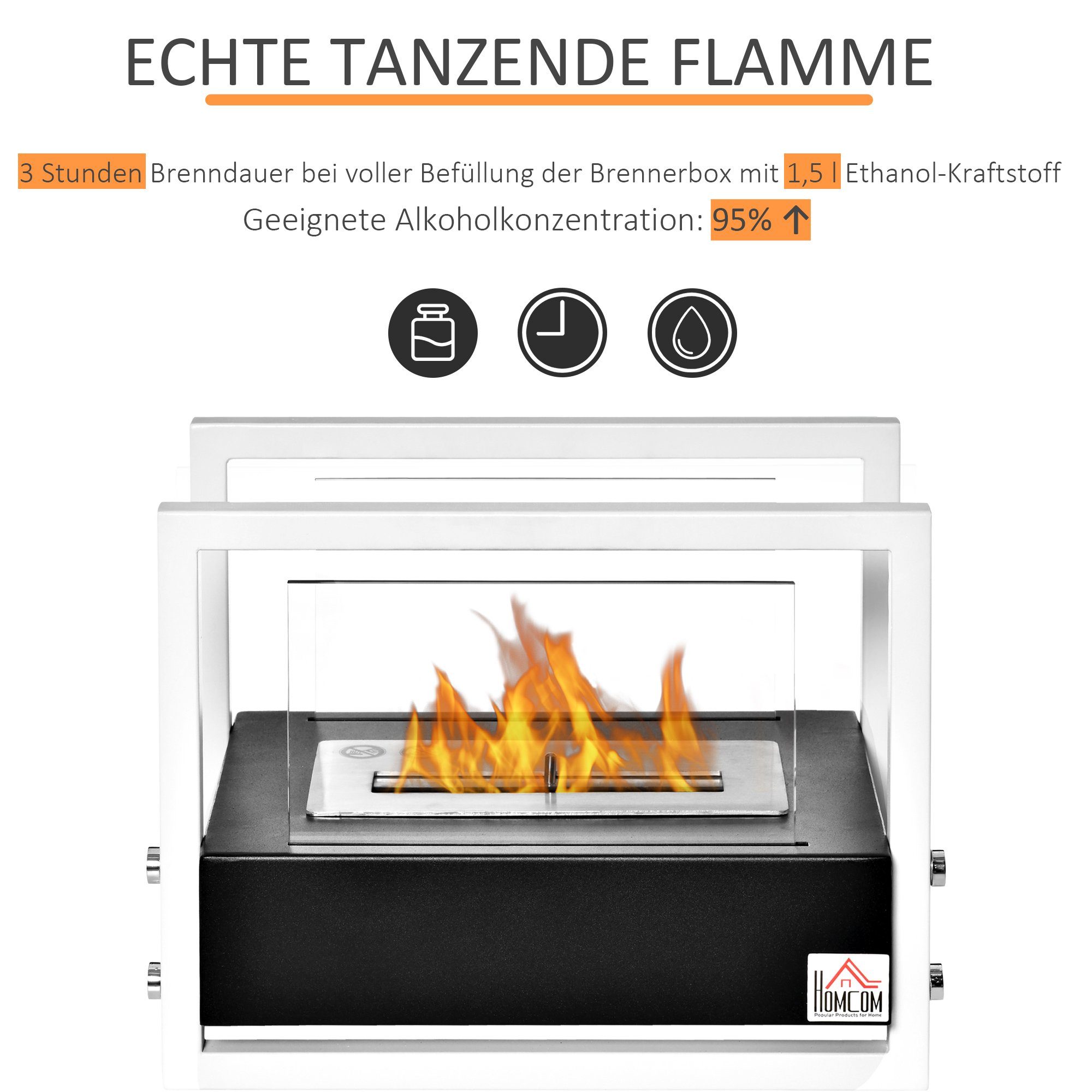 HOMCOM Echtfeuer-Dekokamin Ethanol-Kamin, Biokamin Bio Ethanol Brenner 1,5L kein Rauch Schwarz+Weiß
