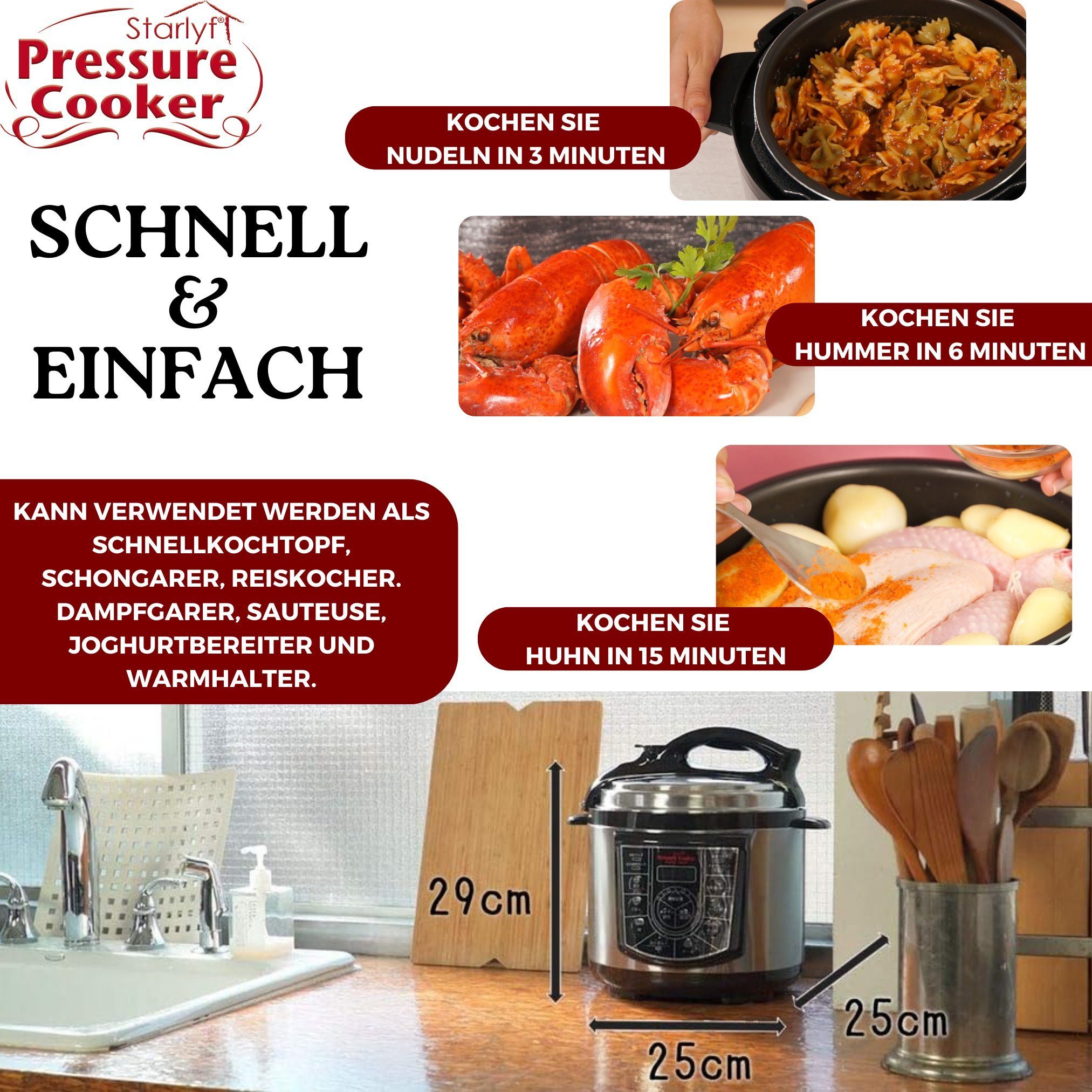 Starlyf Reiskocher Pressure Cooker, 800 W, Schnellkochtopf, Multikocher, 8 Programme, Antihaftbeschichtung