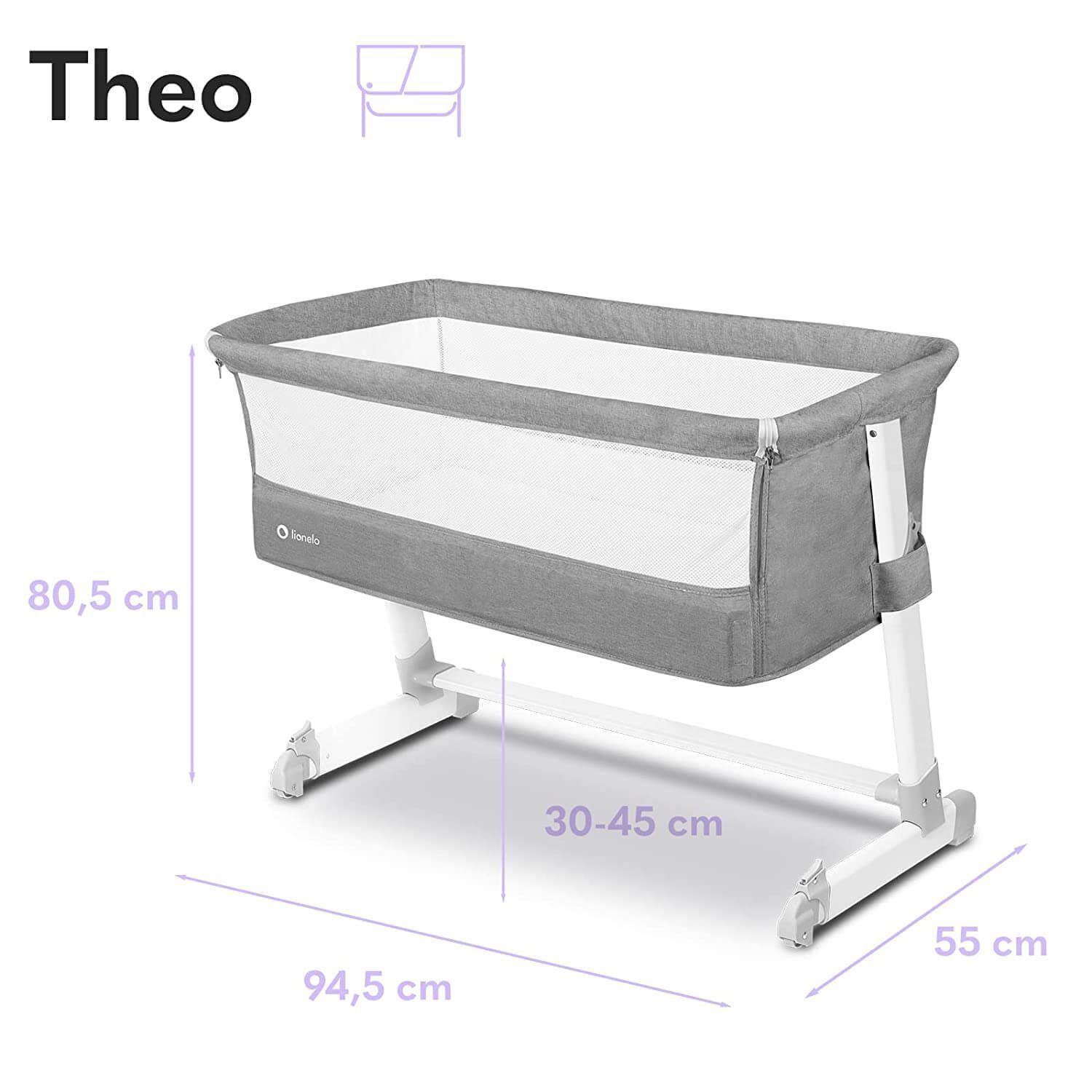 lionelo Beistellbett Lionelo Theo Baby Beistellbett Kinderbett grau Babybett Zustellbett