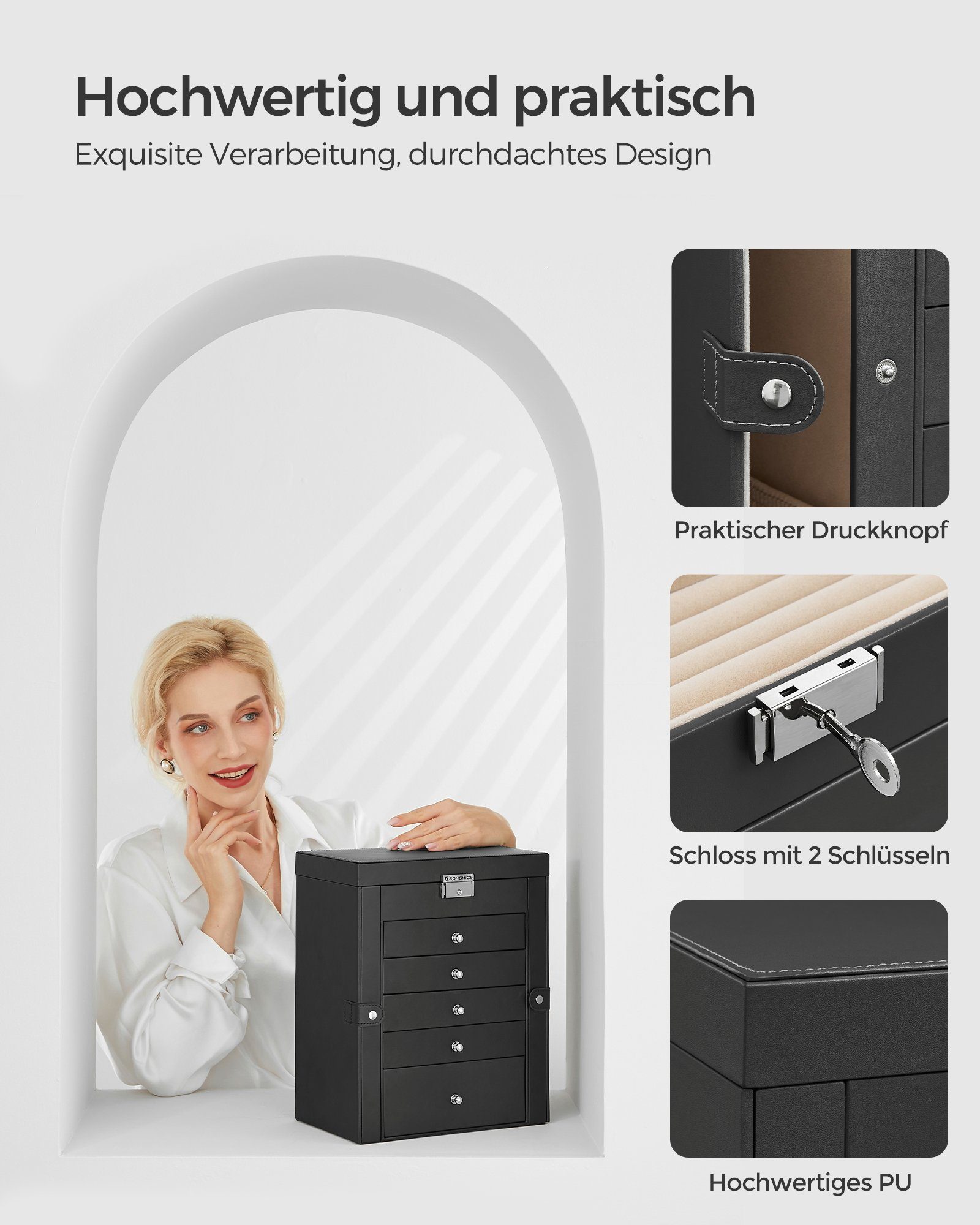 SONGMICS Schmuckkasten, Schmuckschatulle mit 6 Ebenen, seitlichen Klapptüren