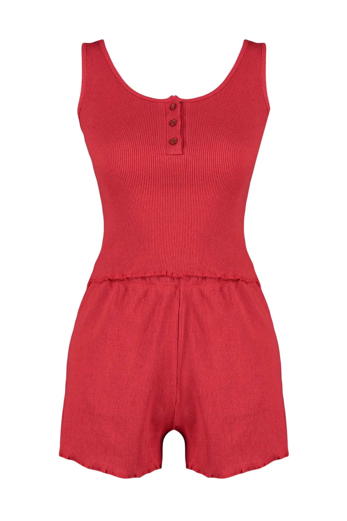 Trendyol Collection  Strick-Pyjama-Set mit Unterhemd und Shorts aus gerippter Baumwolle mit roten Knöpfen und detaillierten Details THMSS23PT00179
