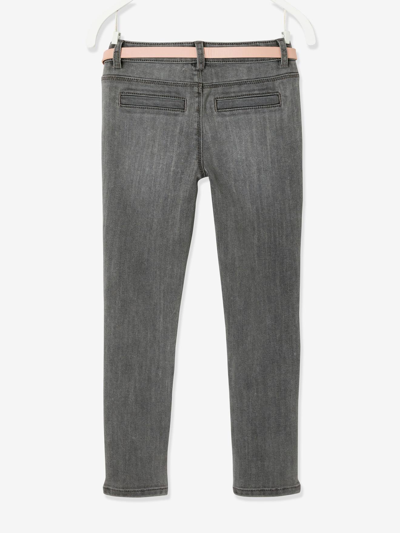 Vertbaudet Die UNVERWÜSTLICHE, robuste Mädchen Jeans, Slim-Fit mit Gürtel - grau