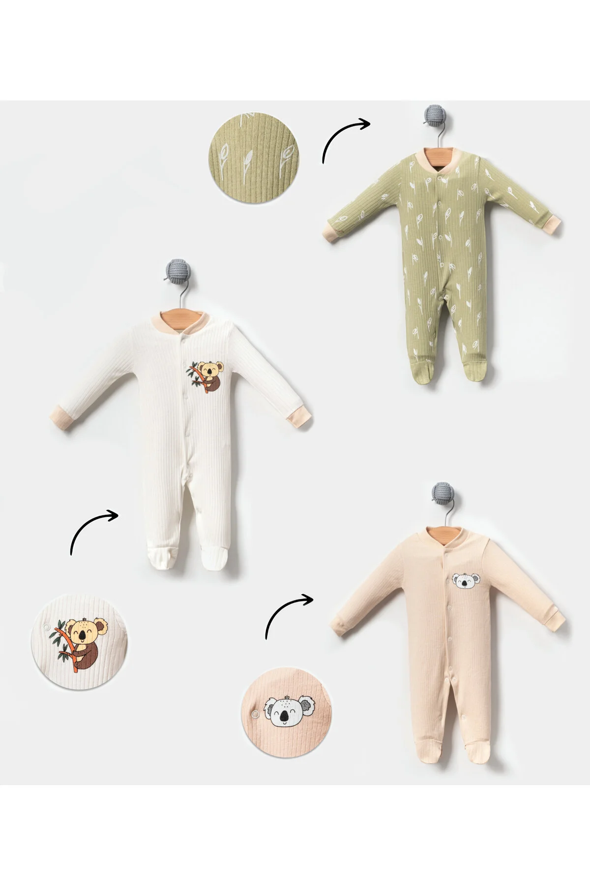 Bubito  3-teiliges Baby-Strampelanzug-Set mit Koala-Bild Grau Weiß