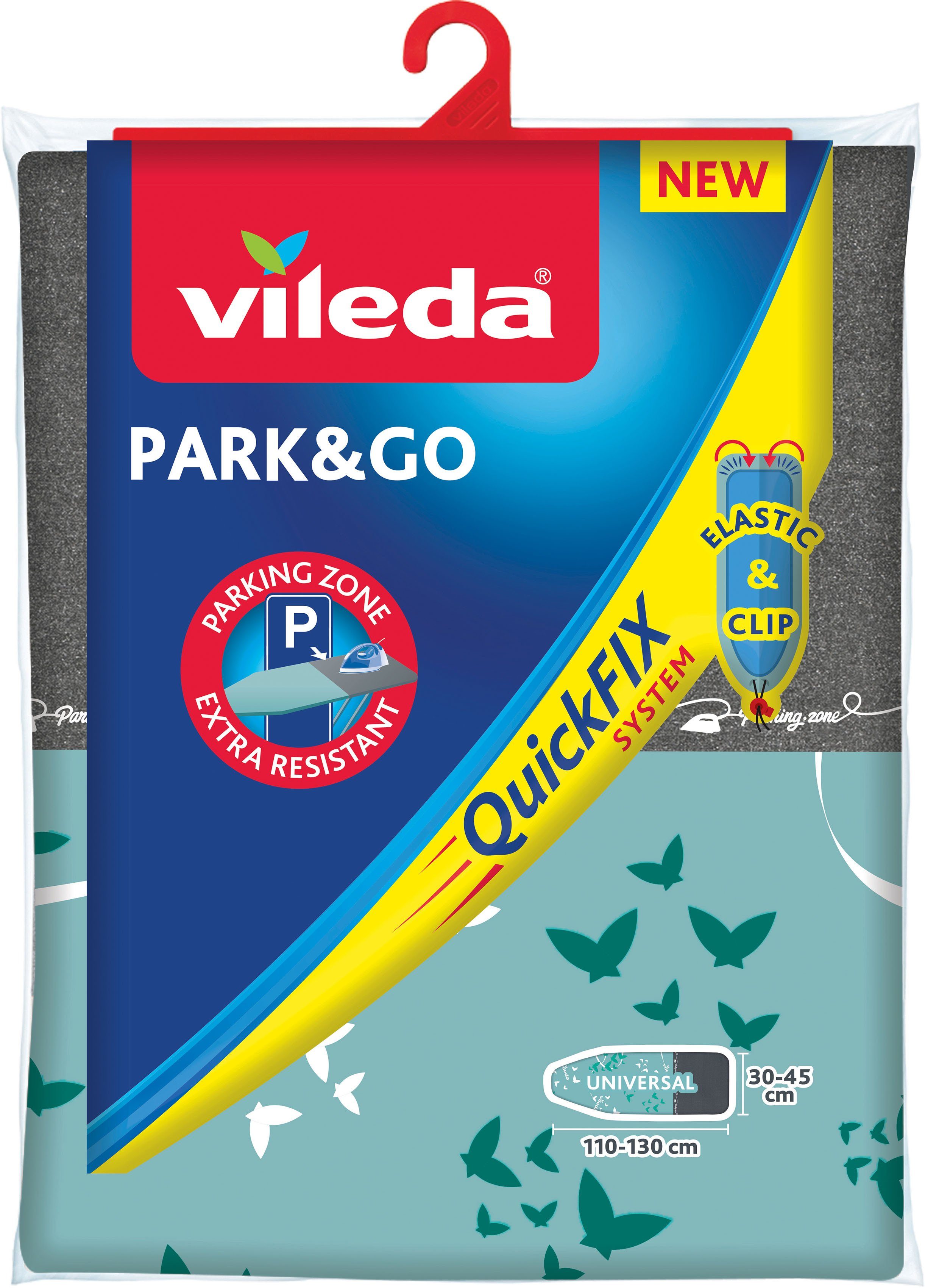 Vileda Bügelbrettbezug Park & Go QuickFIX, metallisierte Kurzzeit-Parkzone für Bügeleisen, 110x30 cm