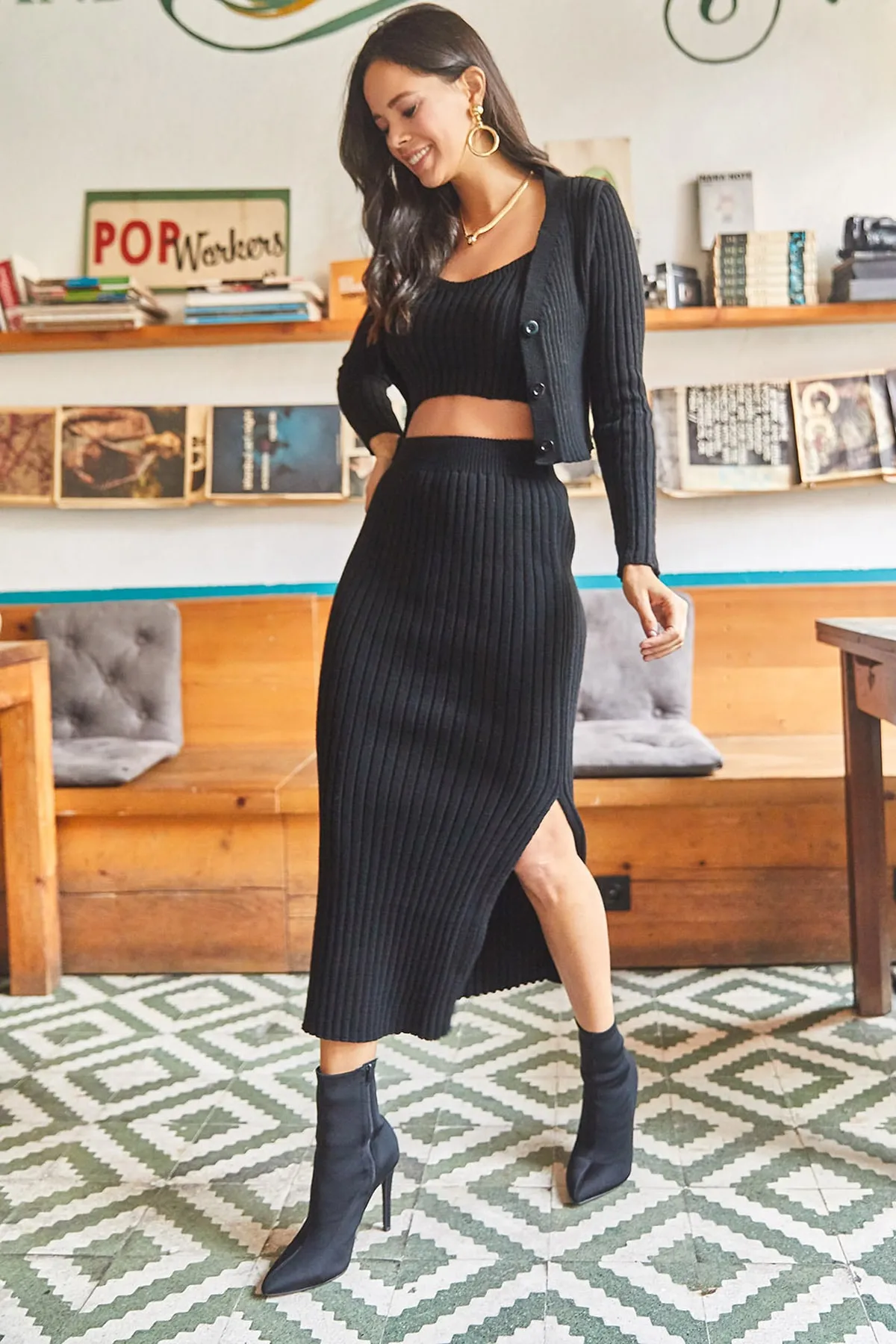 Olalook  Schwarzes 3-teiliges Strickset aus dickem Kordelzug für Damen TKM-19000182