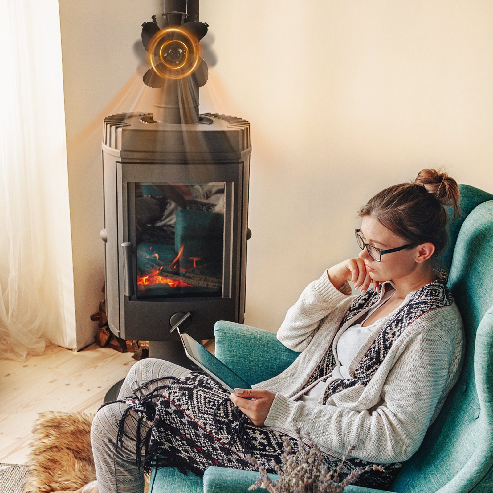 UISEBRT Kaminventilator mit 4 Blättern Ofenventilator ohne Strom Kaminlüfter