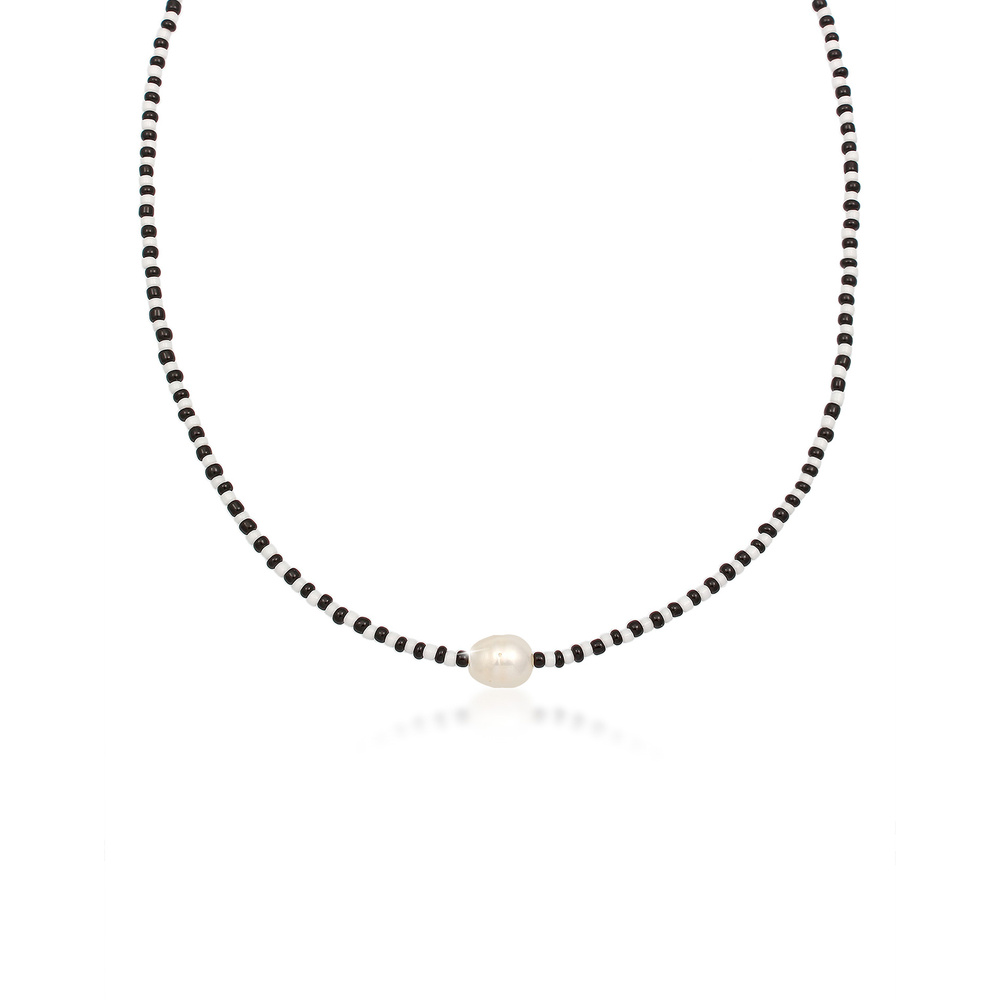 Elli Elli Collier Base Boules de Verre Noir Blanc Perles d'eau Douce Collier Femme  (9 collier