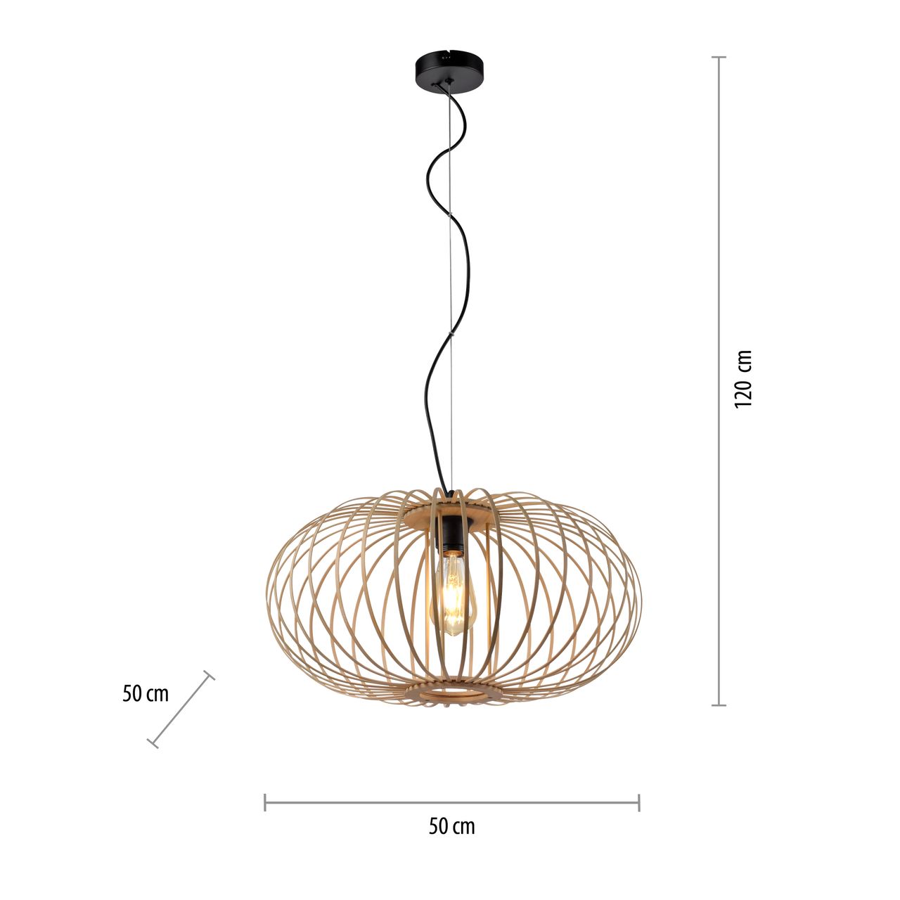 JUST LIGHT LeuchtenDirekt Pendelleuchte RACOON, Materialmix, Holz-natur, 1-flg., 1xE27/40W exkl., Ø50cm