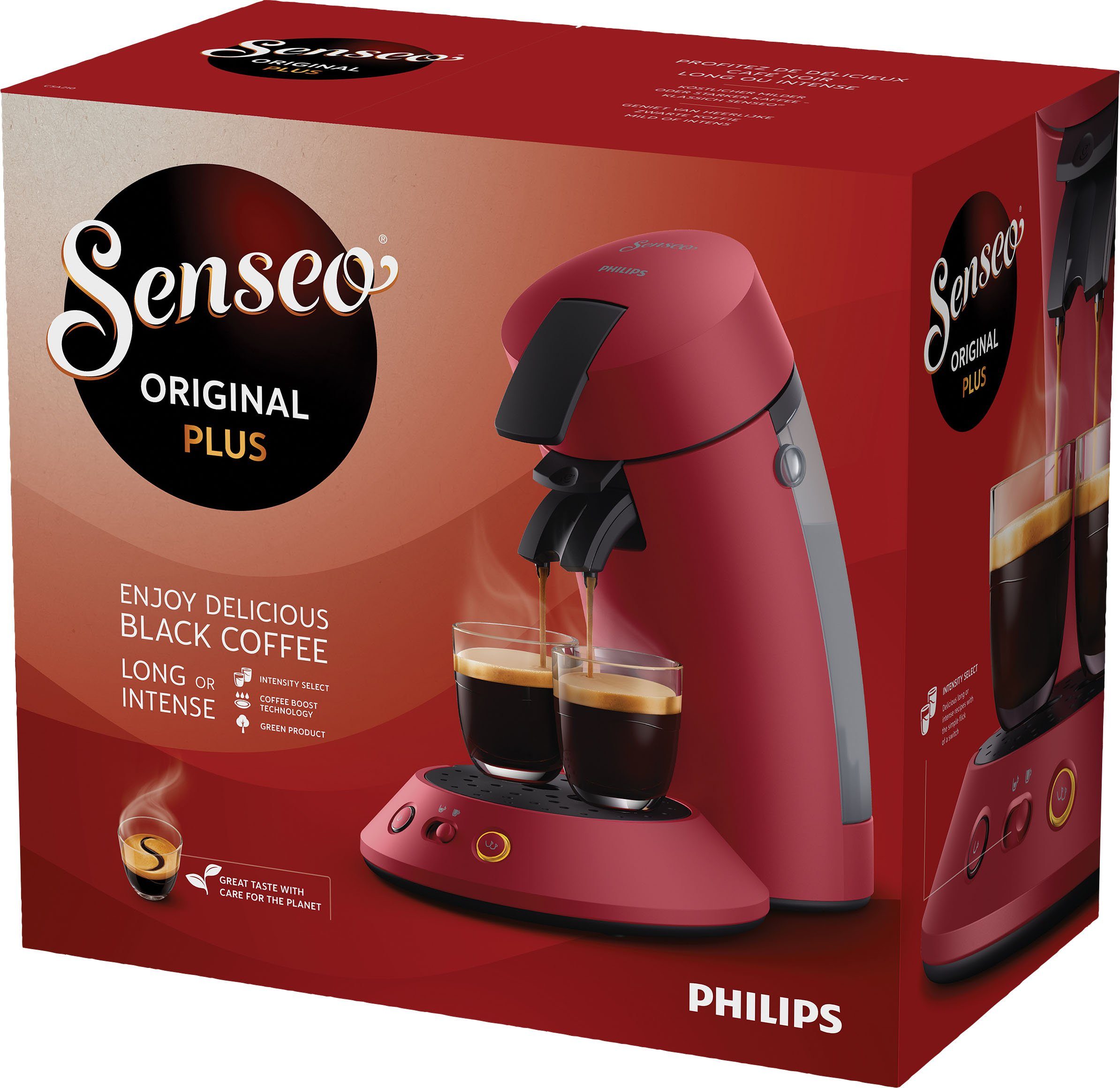 Philips Senseo Kaffeepadmaschine Orginal Plus CSA210/90, aus 28% recyceltem Plastik und mit 2 Kaffeespezialitäten, dunkelrot