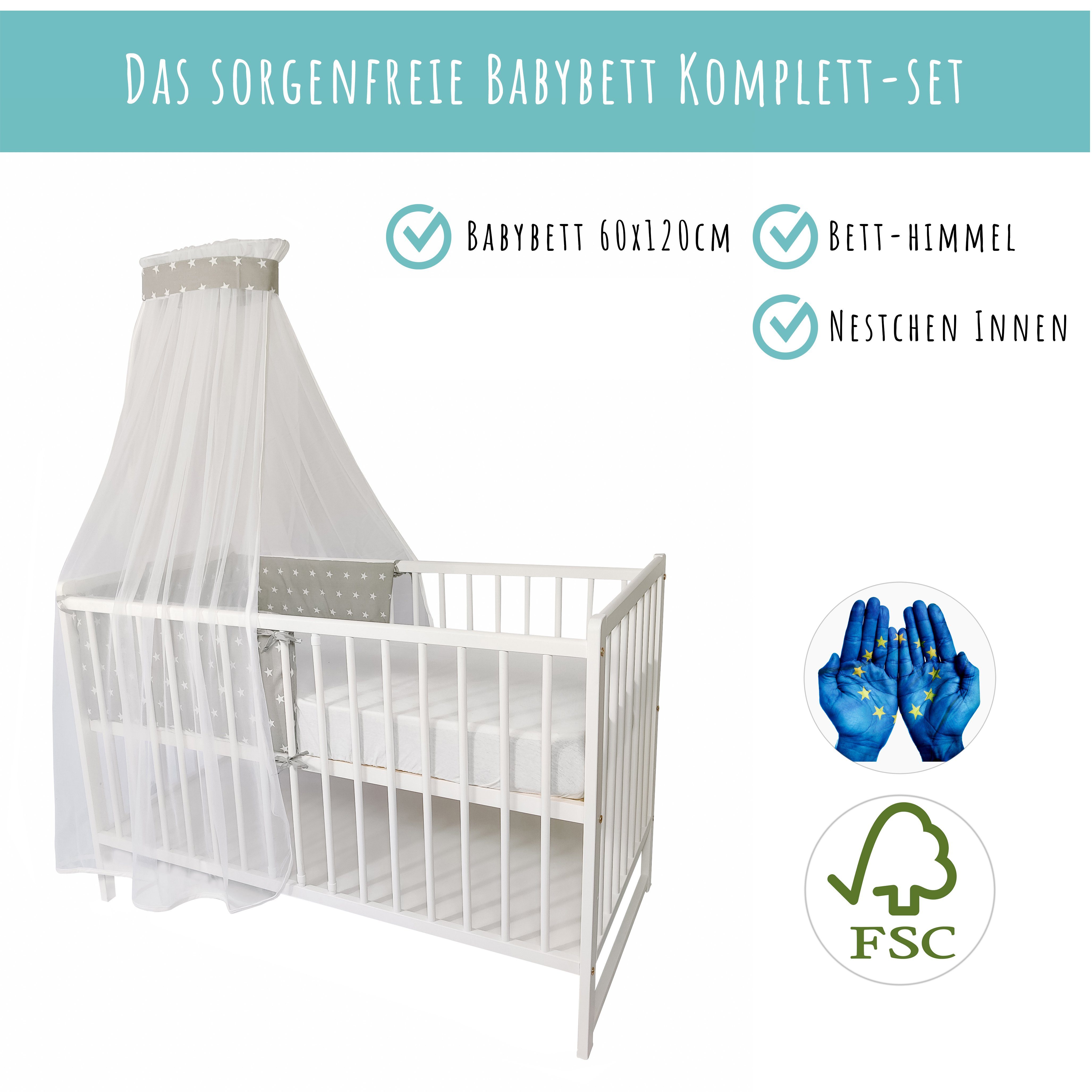 Kids Collective Komplettbett Babybett Komplett-Set 60x120 Gitterbett mit Himmel & Nest, Massivholz, mit Deko Set, optional mit Schublade und Matratze