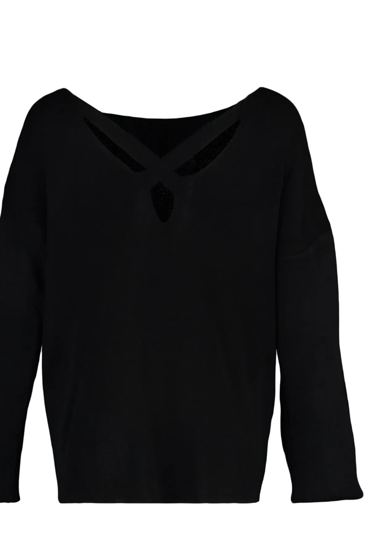 Trendyol Curve  Schwarzer Strickpullover mit Kreuzbanddetail auf der Rückseite