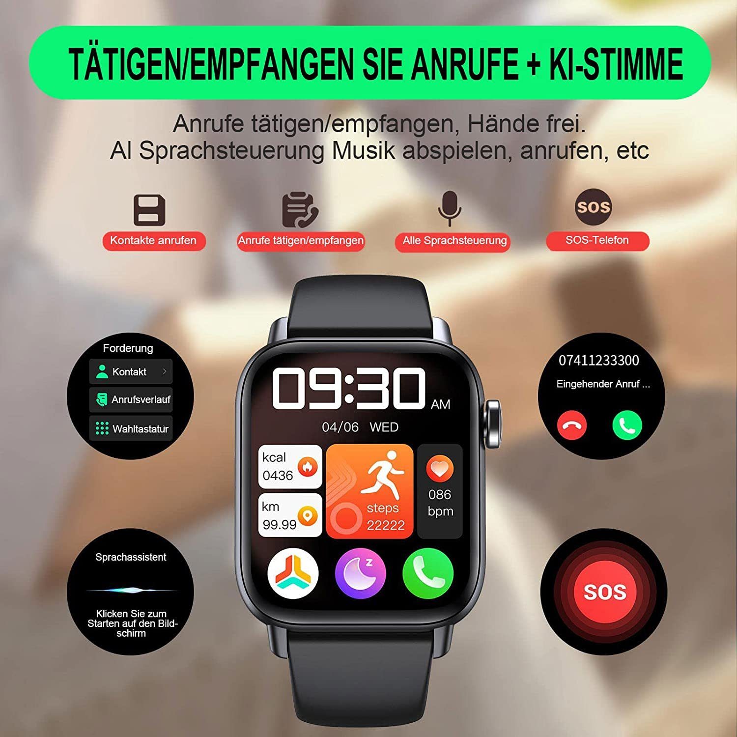 Manike QS108 Smartwatch (4,3 cm/1,69'' HD Voll Touchscreen Zoll) Spar - set, Smartwatch mit deutscher Bedienungsanleitung mit Ladekabel, Herzfrequenzmesser, Analyse von EKG-Daten, Blutdruckmessgerät