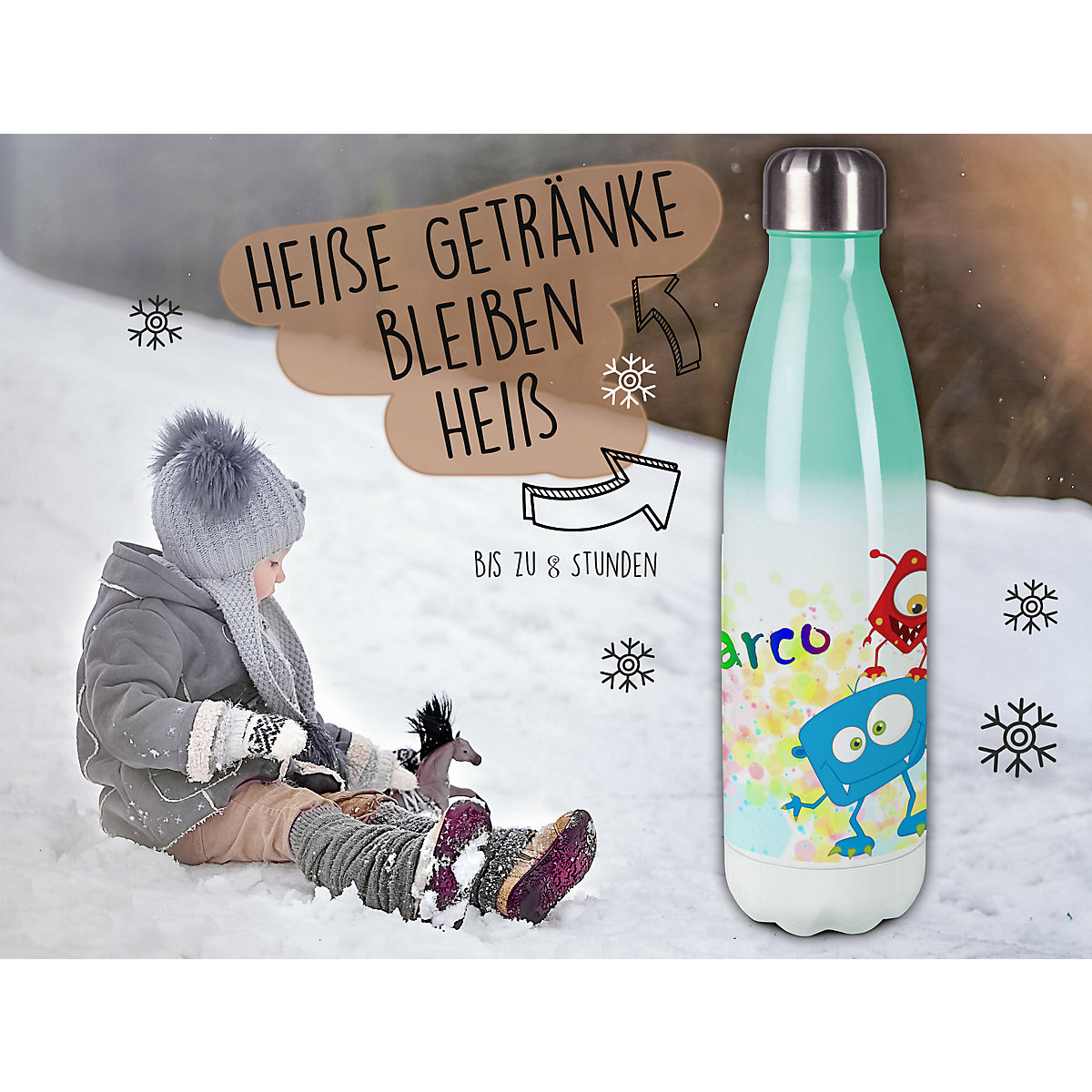 Edelstahl Kinder Thermoflasche / Trinkflasche bunt Monster Farbkleks Spülmaschinenfest, Auslaufsicher, Bruchfest, Doppelwandig, Für Heißgetränke geeignet, Mit Deckel, Isoliert