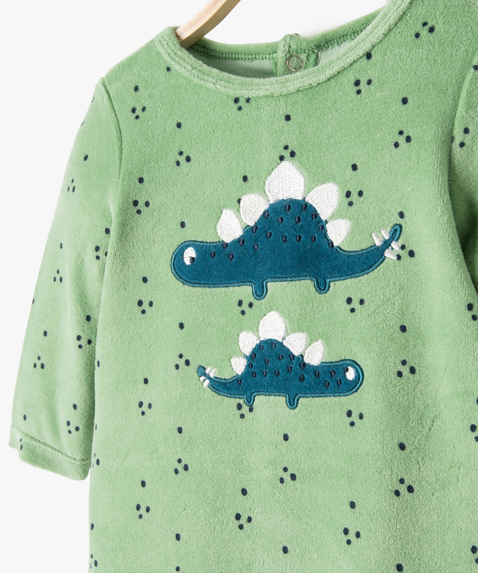 Pyjama bébé en velours imprimé dino avec ouverture pont-dos vert | GEMO