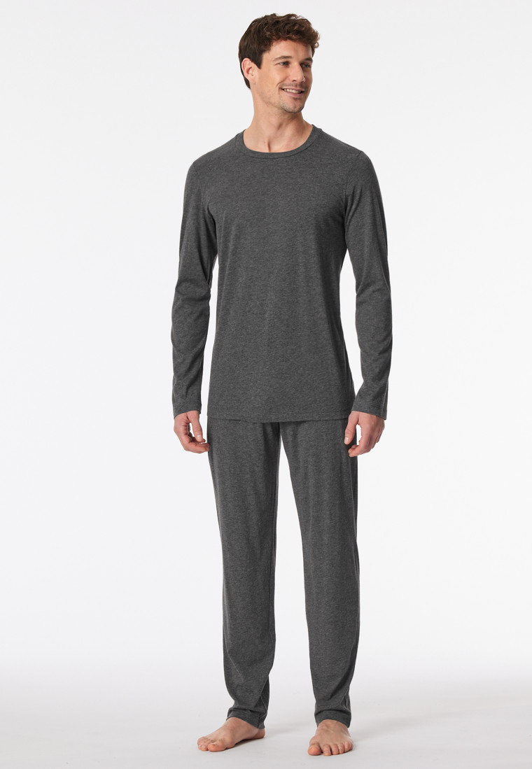 Schlafanzug Doppelripp lang Bündchen dunkelgrau meliert - Modern Nightwear