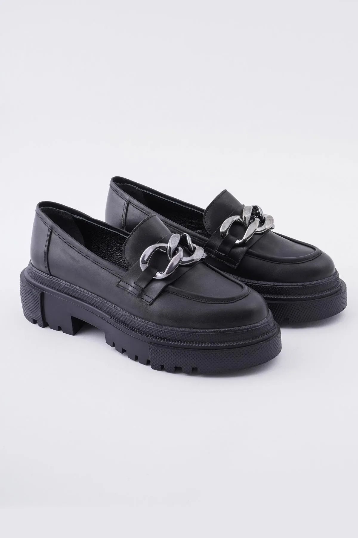 CZ London  Loafer-Schuhe aus echtem Leder für Damen mit Kette und dicker Sohle