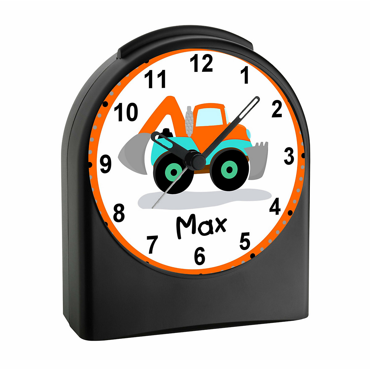Kinder Funkwecker personalisiert mit Namen Bagger Atom-/Funkuhr, 12-Stunden-Anzeigeformat, Schlummerfunktion, Nachtlicht, Geräuschlos/Ohne Ticken