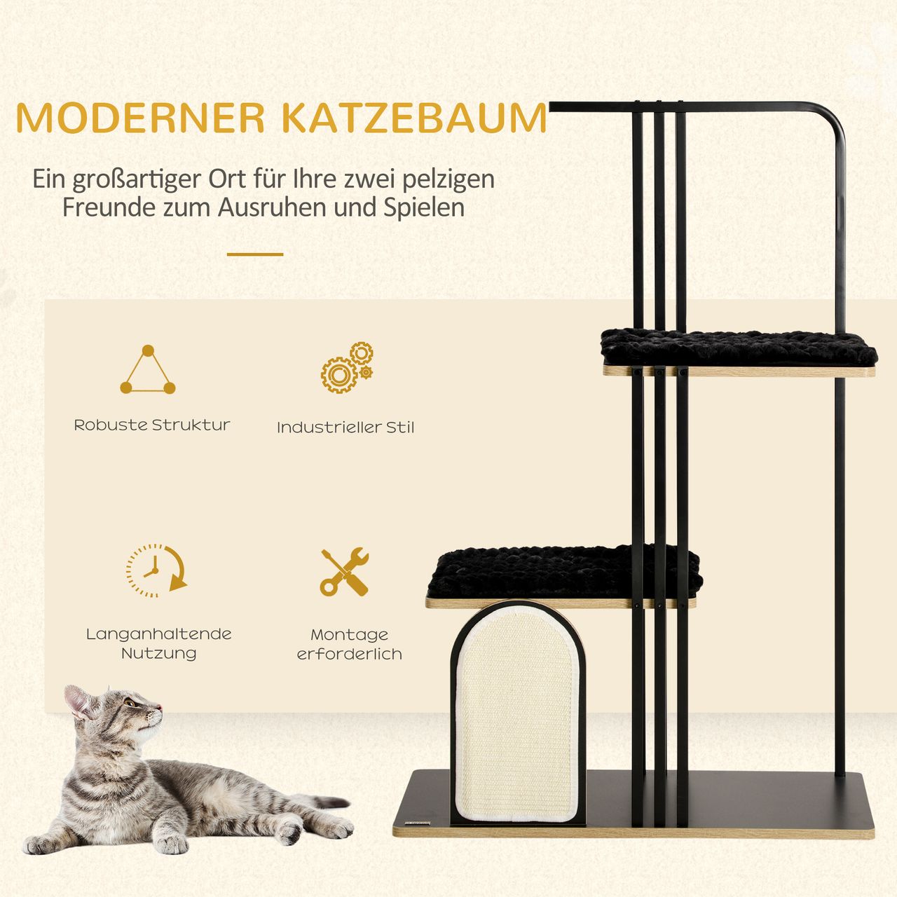 PawHut Kratzbaum 128 cm Katzenbaum mit Kissen Kletterbaum mit Kratzbrett, Stahl
