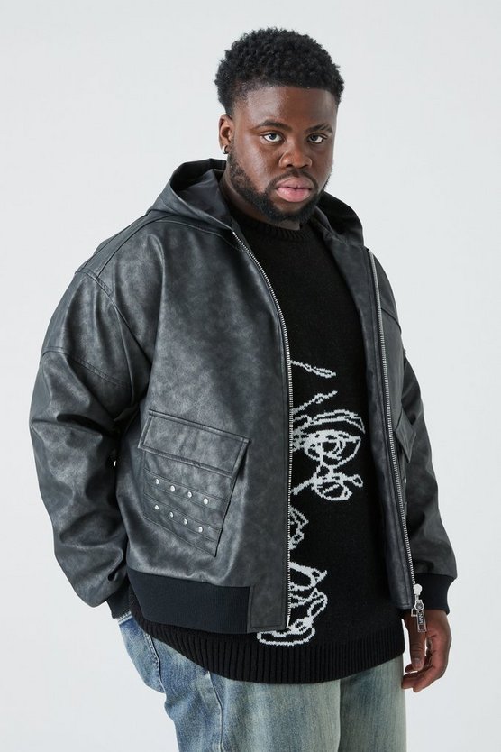Plus PU-Bomberjacke mit Kapuze
