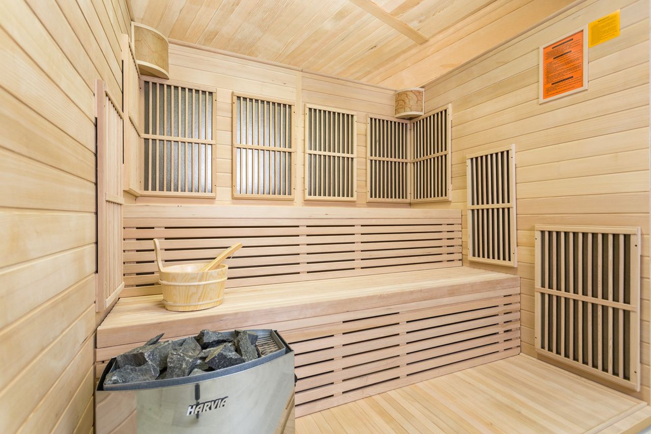 PureHaven Infrarotsauna 160x210x200 cm für 6 Personen Saunaofen aus kanadisches Hemlock-Tannenholz Thermometer Schöpfkelle Saunasteine