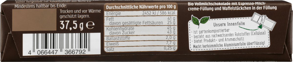 Schokoriegel, Vollmilch Espresso Crunch, 37,5 g