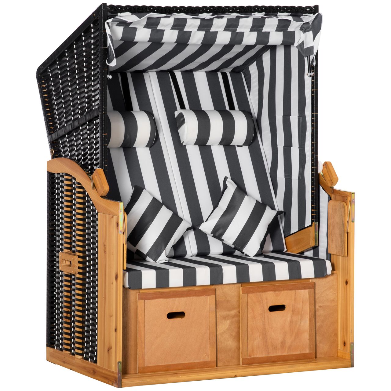 Outsunny Strandkorb Doppelte Sonnenliege mit Dach Doppelliege mit Getränkehaltern Chaiselongue 5-stufige Rückenlehne PE-Rattan Grau Weiß 118 x 79 x 150 cm