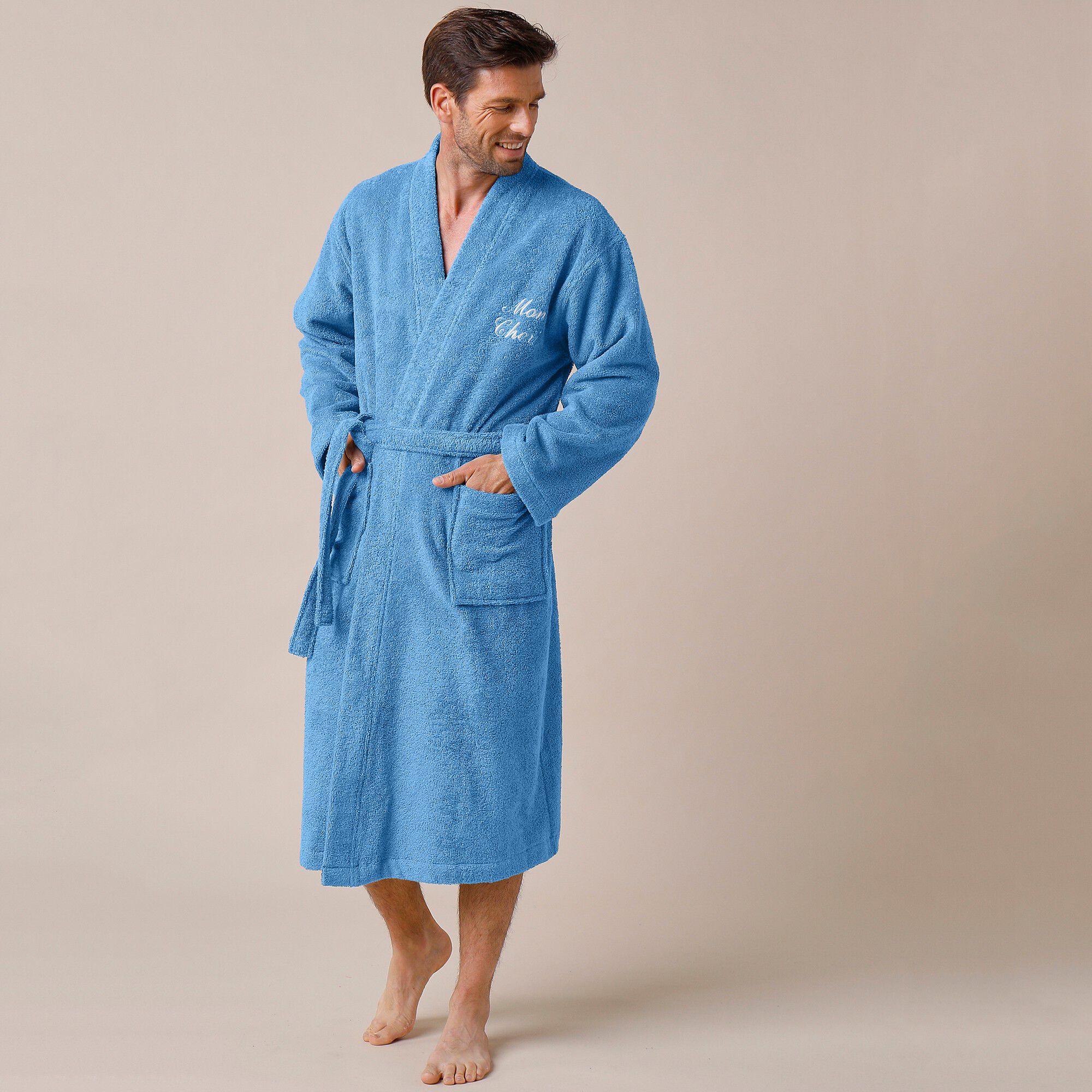 Peignoir mixte adulte uni coton éponge bouclette col kimono personnalisé