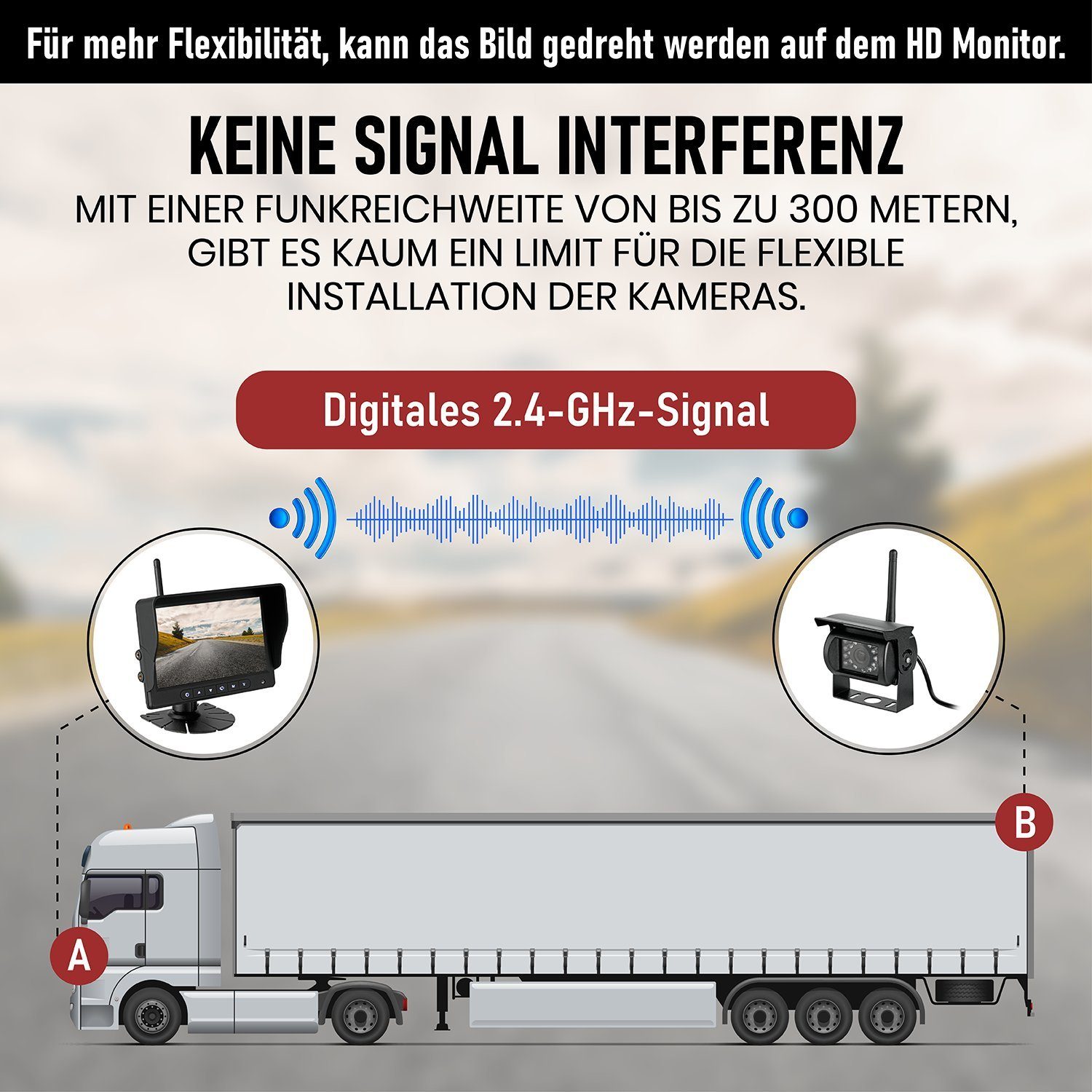 CARMATRIX BDW-710C+1 Rückfahrkamera (Video Funk Rückfahrsystem Digital Auto LKW Wohnmobil Monitor 24V, Split, Quad, Aufnahmefunktion, Mikrofon, Distanzlabel, IPS Monitor)