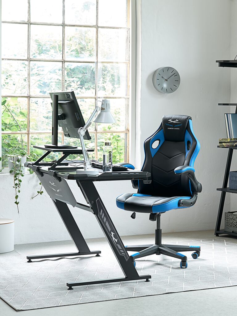 Cadeira Gamer VOJENS em Couro Sintético/Tela nas cores Preto e Azul