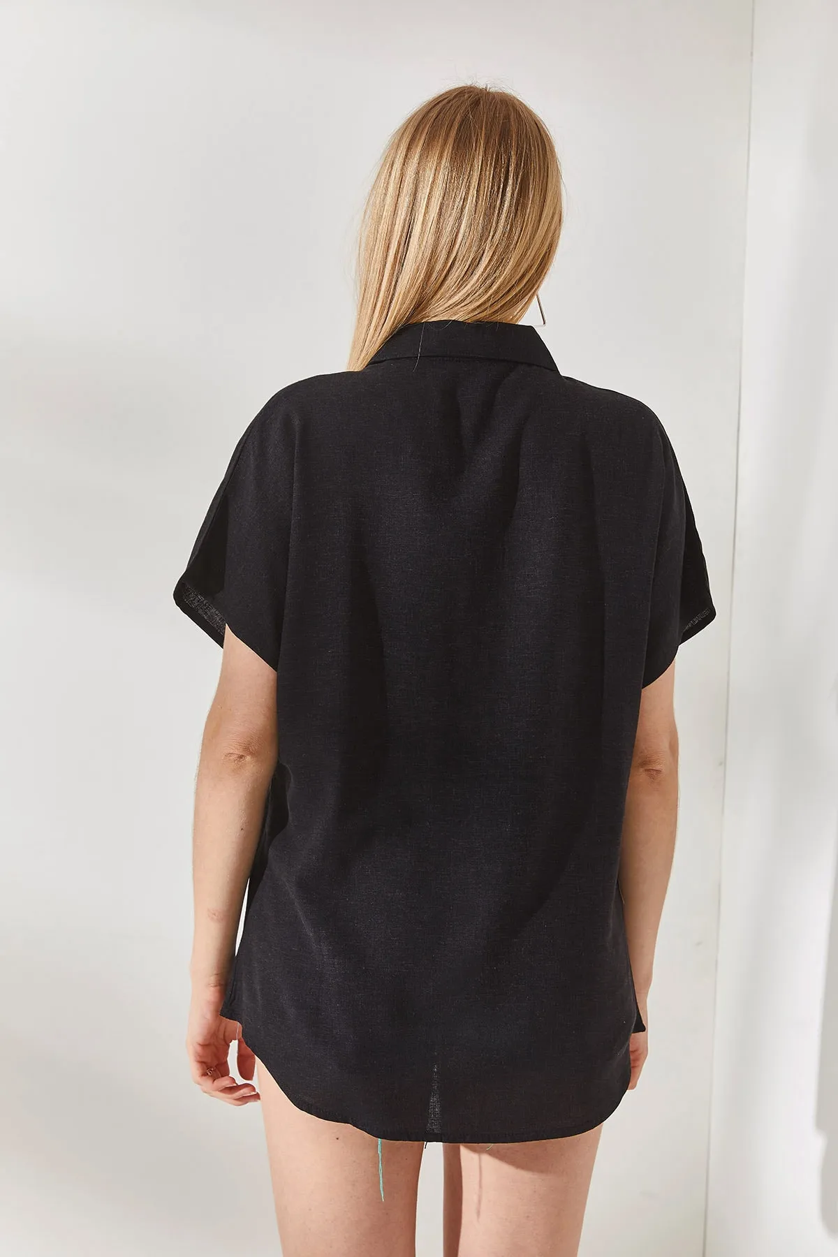 Olalook  Schwarzes Fledermaus-Übergröße-Leinenhemd für Damen GML-19001109