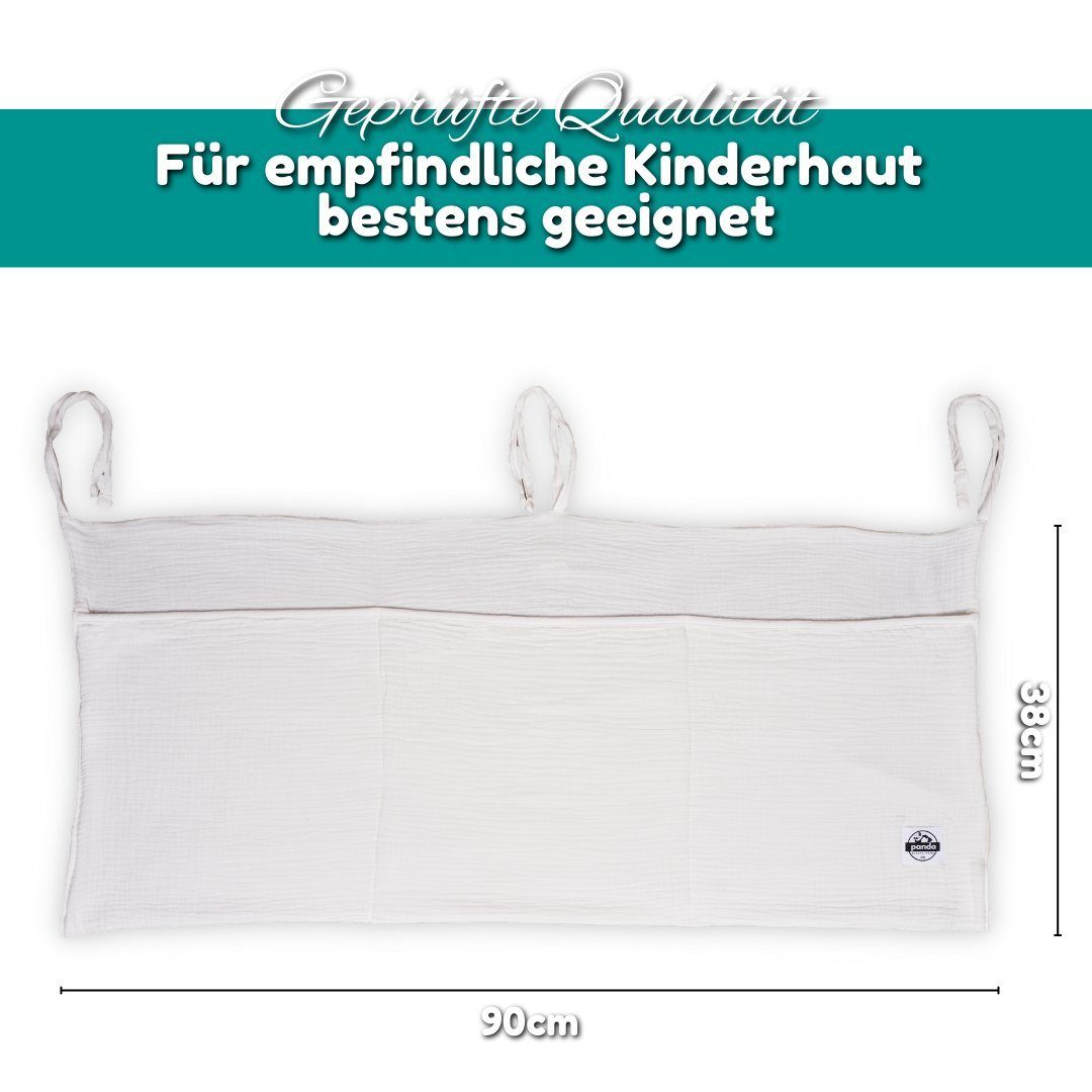Alavya Panda Betttasche KANGOO Babybett Musselin Tasche Organizer Betttasche (Aufbewahrung für Kinderbett I Windeln Babybetttasche I Babybett Hängeorganizer Kinderzimmer), 90x38 cm Bett Organizer zum Aufhängen von Windeln Kinder Spielzeug