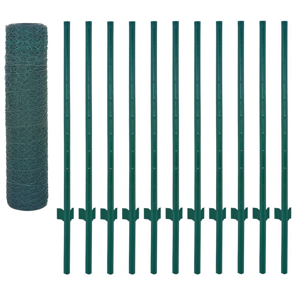 vidaXL Gartenzaun Maschendrahtzaun mit Pfosten Stahl 25 x 0,5 m Grün, (1-St)