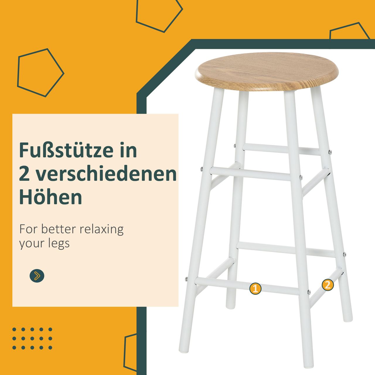 HOMCOM Bartisch Set 3-teilig Esstisch mit 2 Barhocker Küchentisch und Stühle Stehtisch und Barhocker mit Lagerregal MDF-Platte Stahl Weiß Eiche 80 x 50 x 90 cm