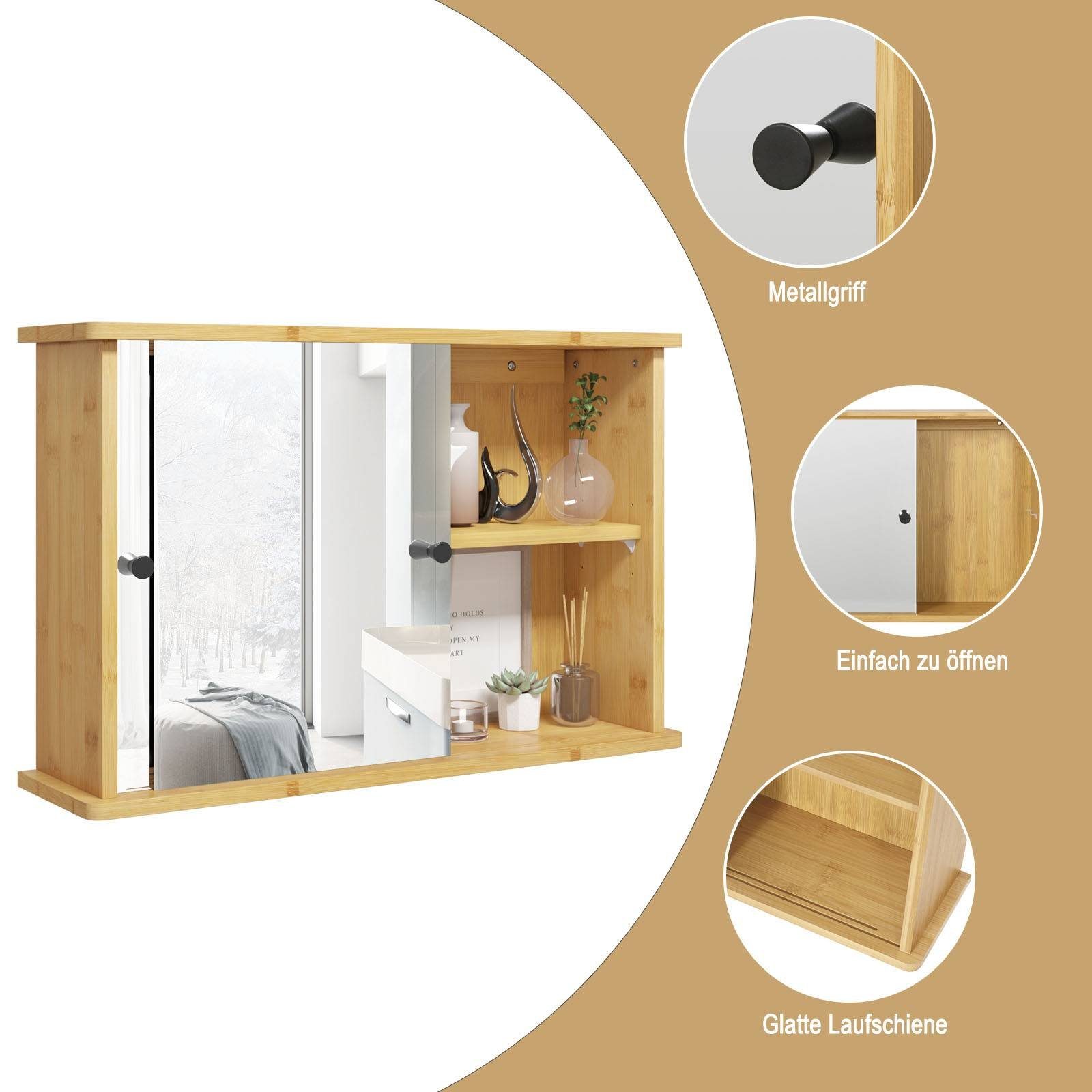 EUGAD Badezimmerspiegelschrank mit Ablage, aus Bambus, 55x35,5x14 cm