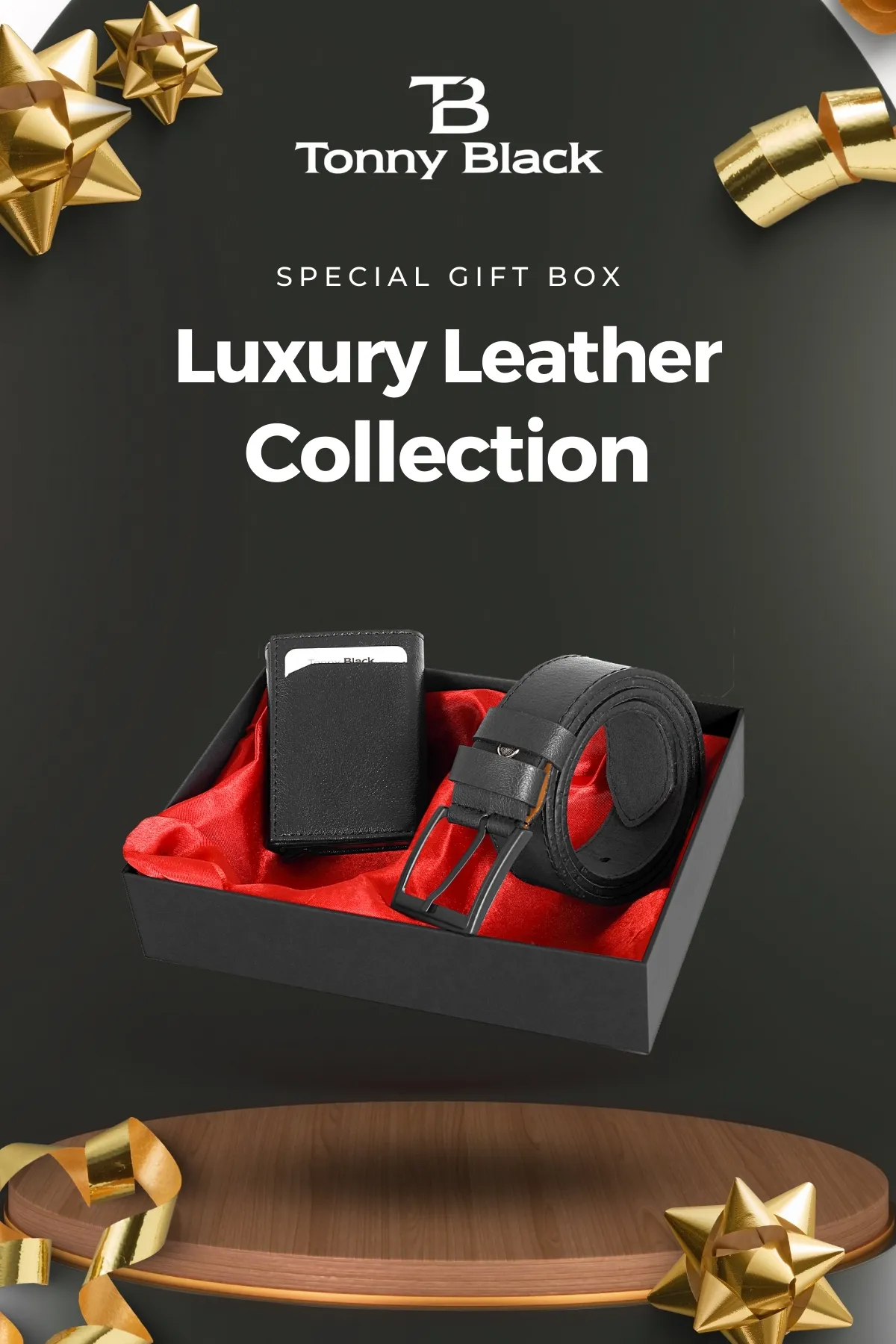Tonny Black  Original Herren-Geschenkset mit 2 Stück, Luxus-Serie, stilvolles Portemonnaie mit Automatikmechanismus, Gürtel-Set