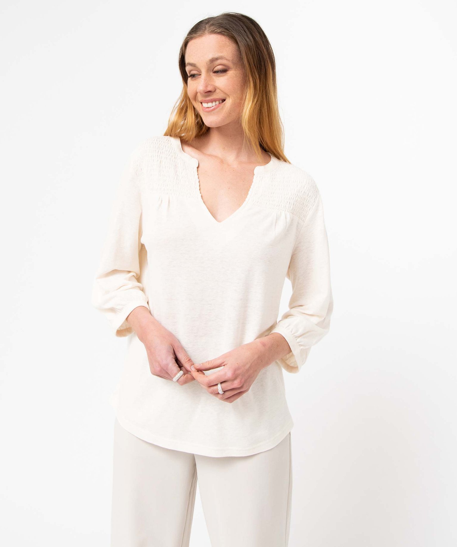 Tee-shirt femme à manches 3/4 avec smocks sur le buste ecru | GEMO