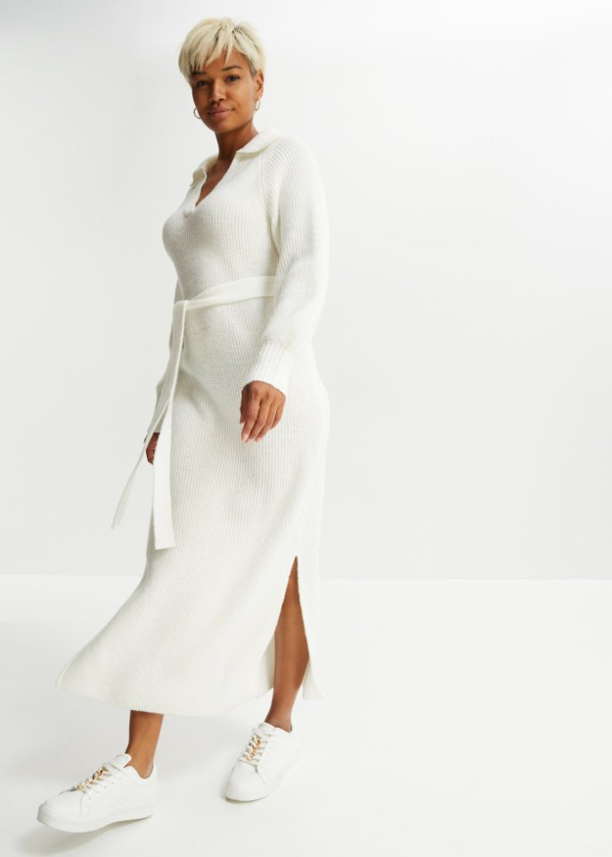 Strickkleid mit V-Ausschnitt und Gürtel (2-tlg. Set)