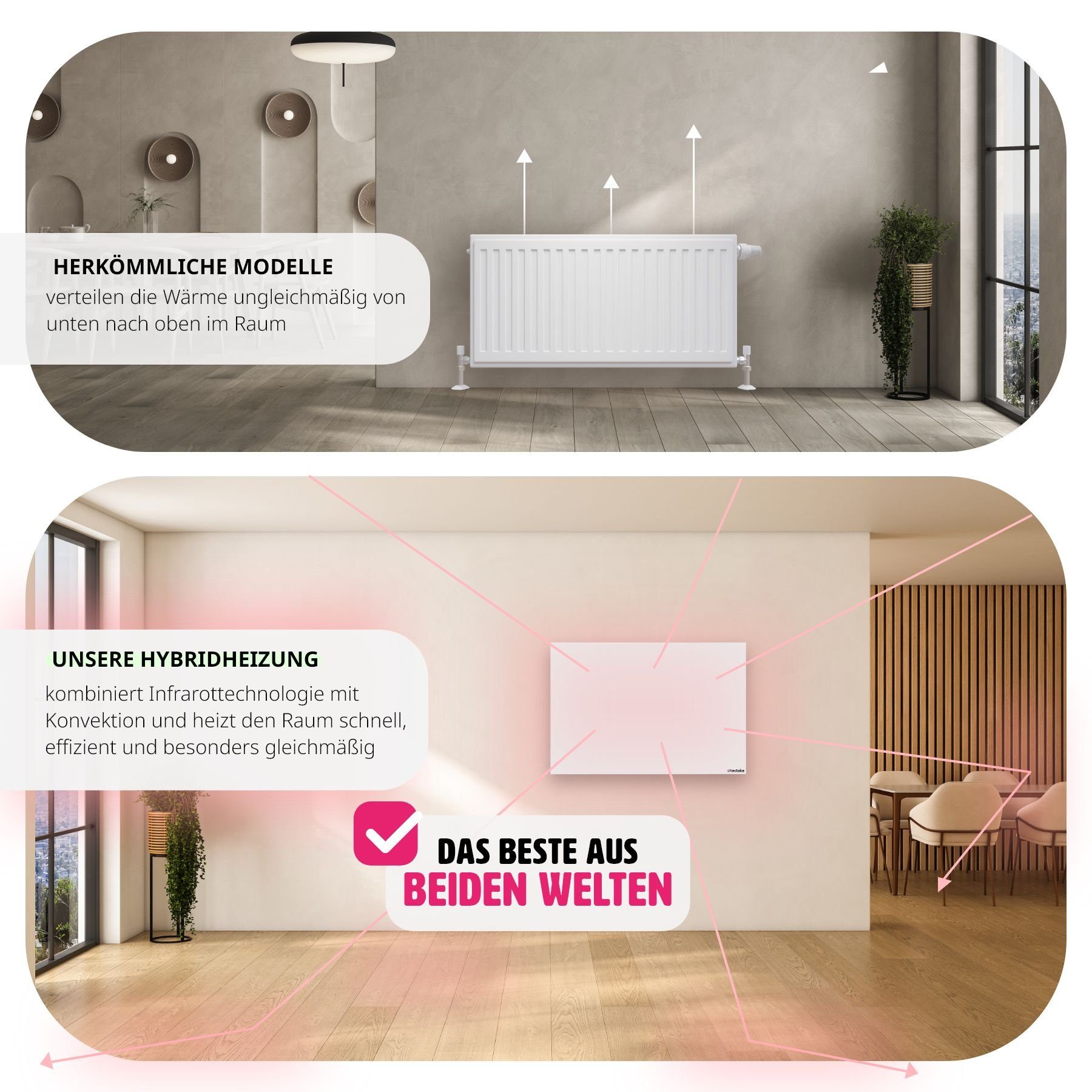 tectake Heizkörper Hybrid-Infrarotheizung mit Thermostat & Kippschutz