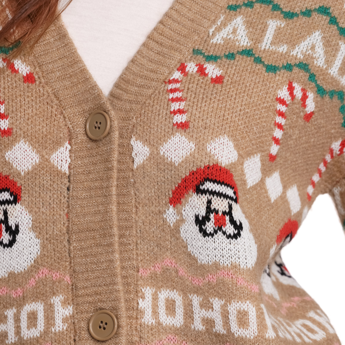 Damen Weihnachtsstrickjacke mit V-Ausschnitt beige