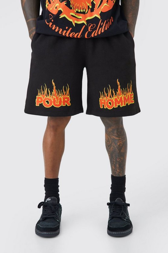 Oversize Jersey-Shorts mit Pour Homme Flammen-Print