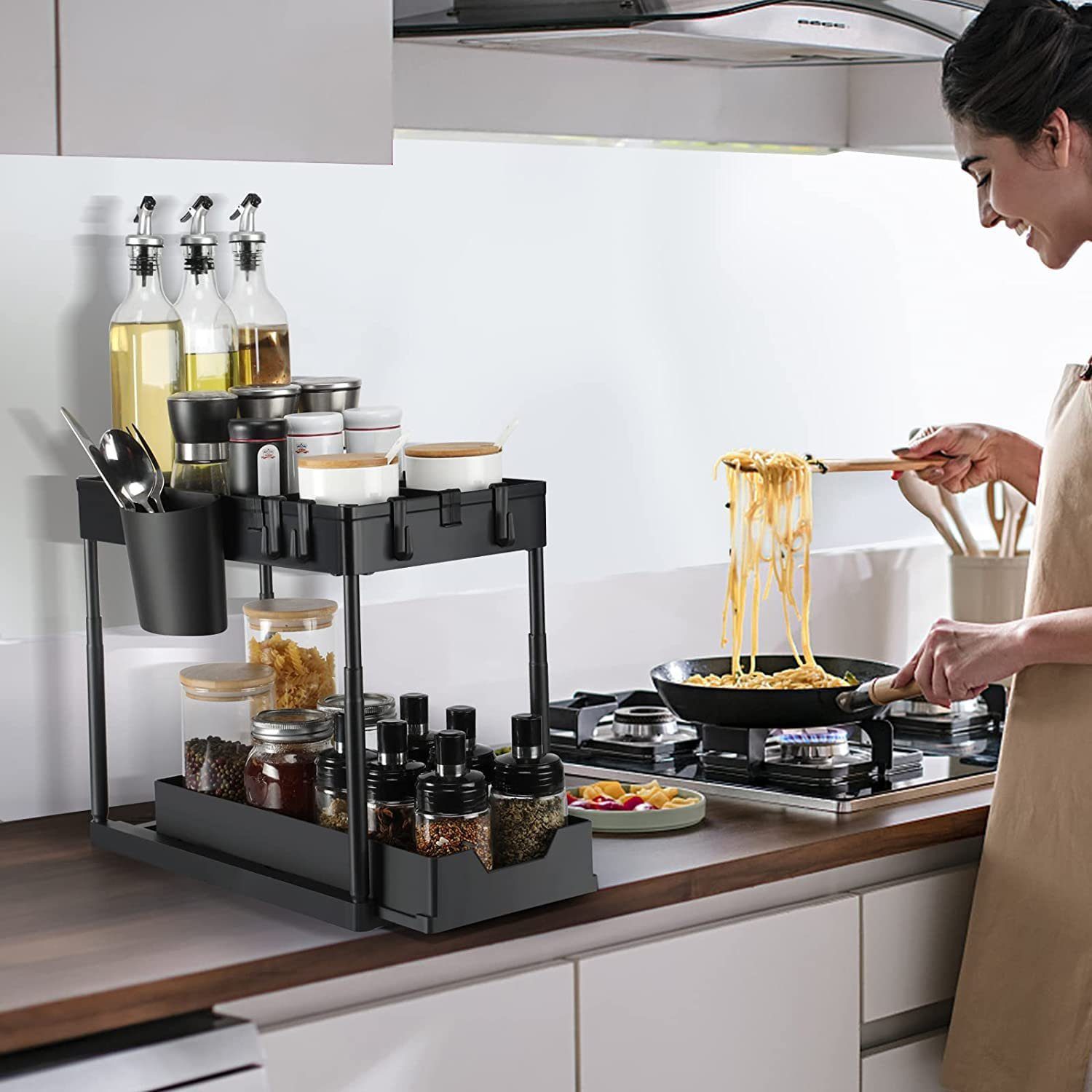 Kpaloft Ablageregal 2-stöckiger Organizer mit 4 Haken 2 Etagen & 1 Hängebeche, Spülschrankregal Waschbecken Regal, Unter der Spüle Schiebeschrank Regal Organizer für Badezimmer, Küchen