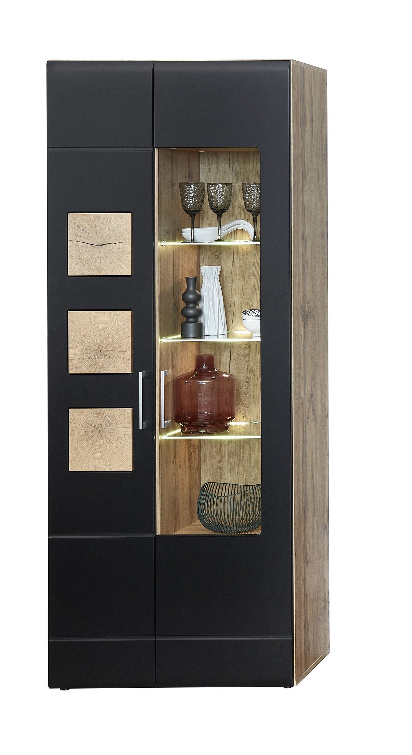 möbelando Wohnwand Sidonia, (5-St), Moderne Wohnwand. Korpus aus MDF in Eiche Altholz Nachbildung, Front in Lack Laminat schwarz supermatt, Griffe in chrom matt und Absetzung in Hirnholz Nachbildung
