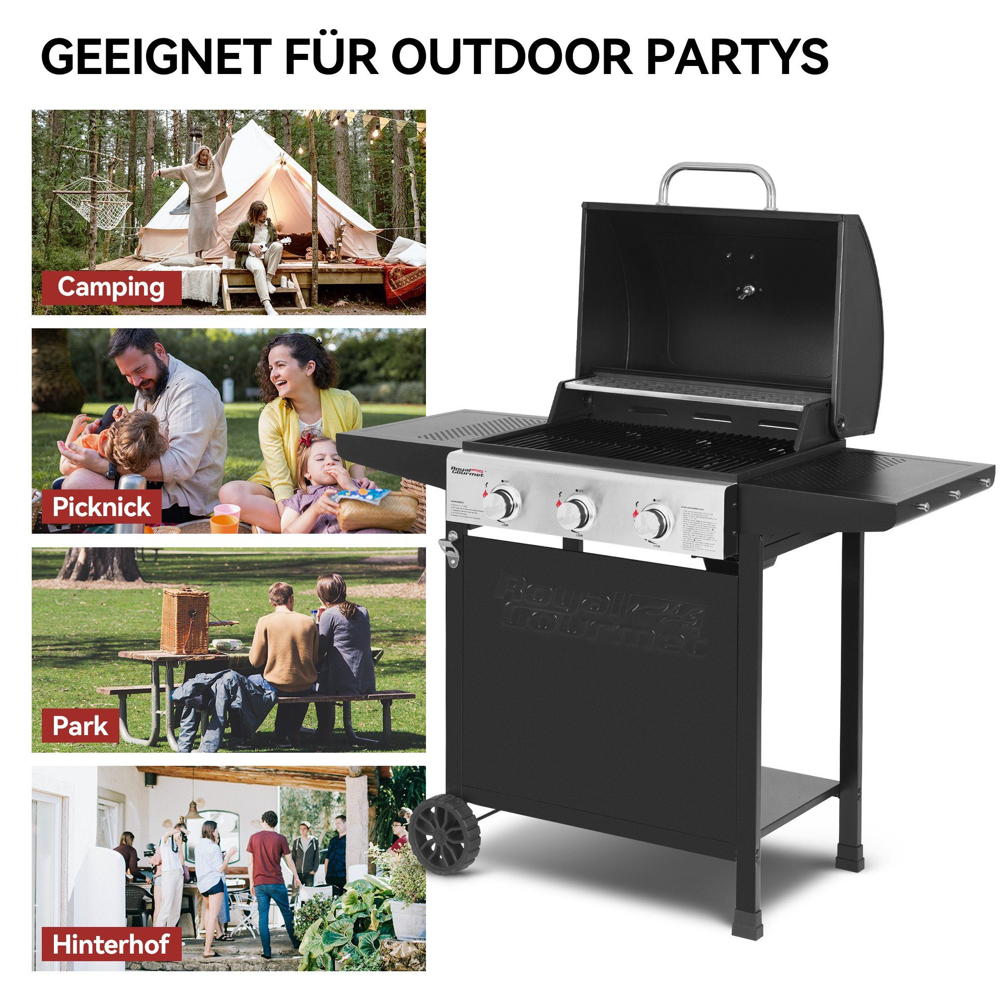 Royal Gourmet Gasgrill 3 Brenner, 9 kW Camping Gaskocher mit Kochplatte, B x T x H: 121,6 x 57,8 x 105 cm